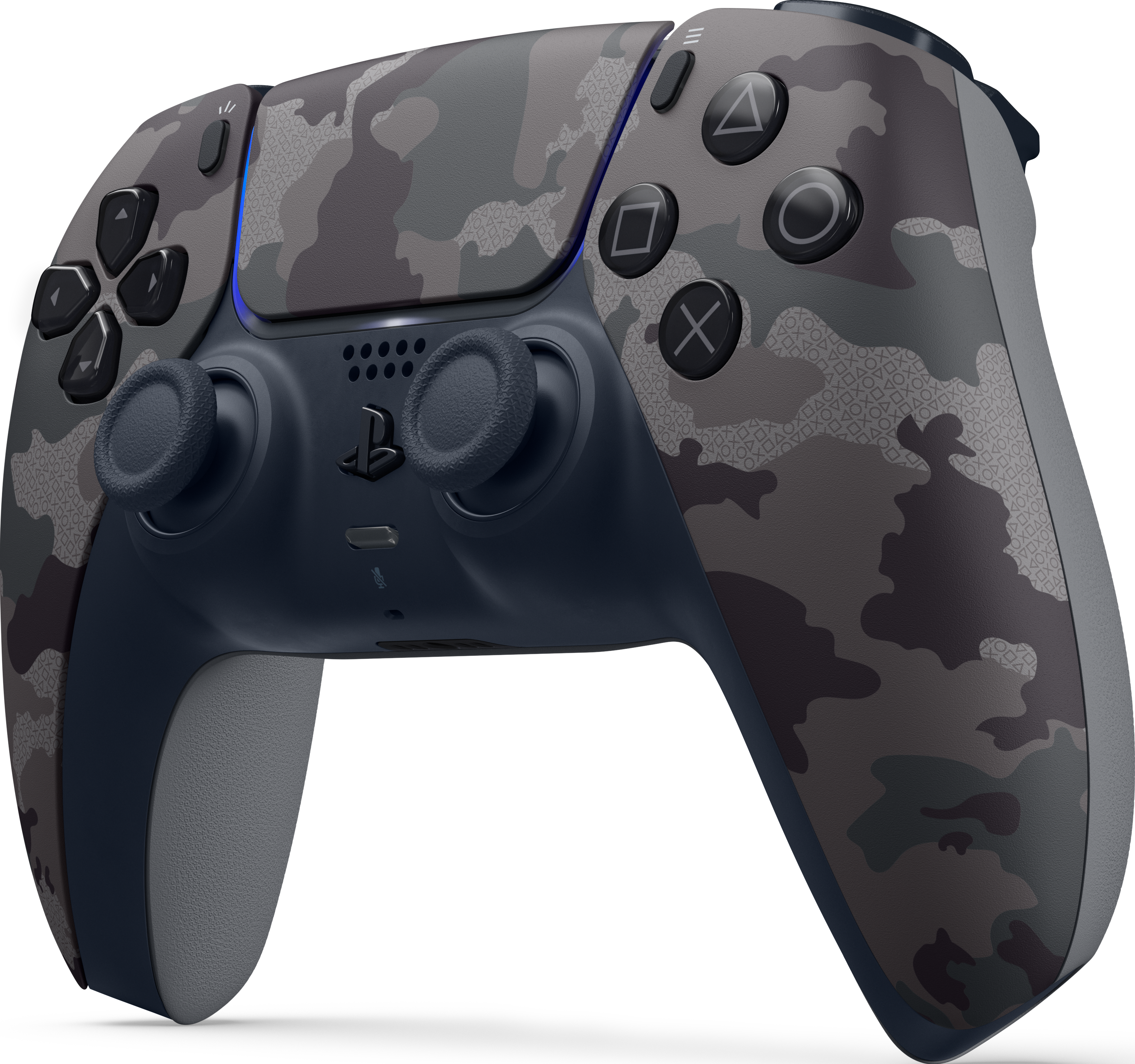 Une manette PlayStation 5 camouflée, avec des tons gris, noirs et bleus, des boutons avec des symboles.