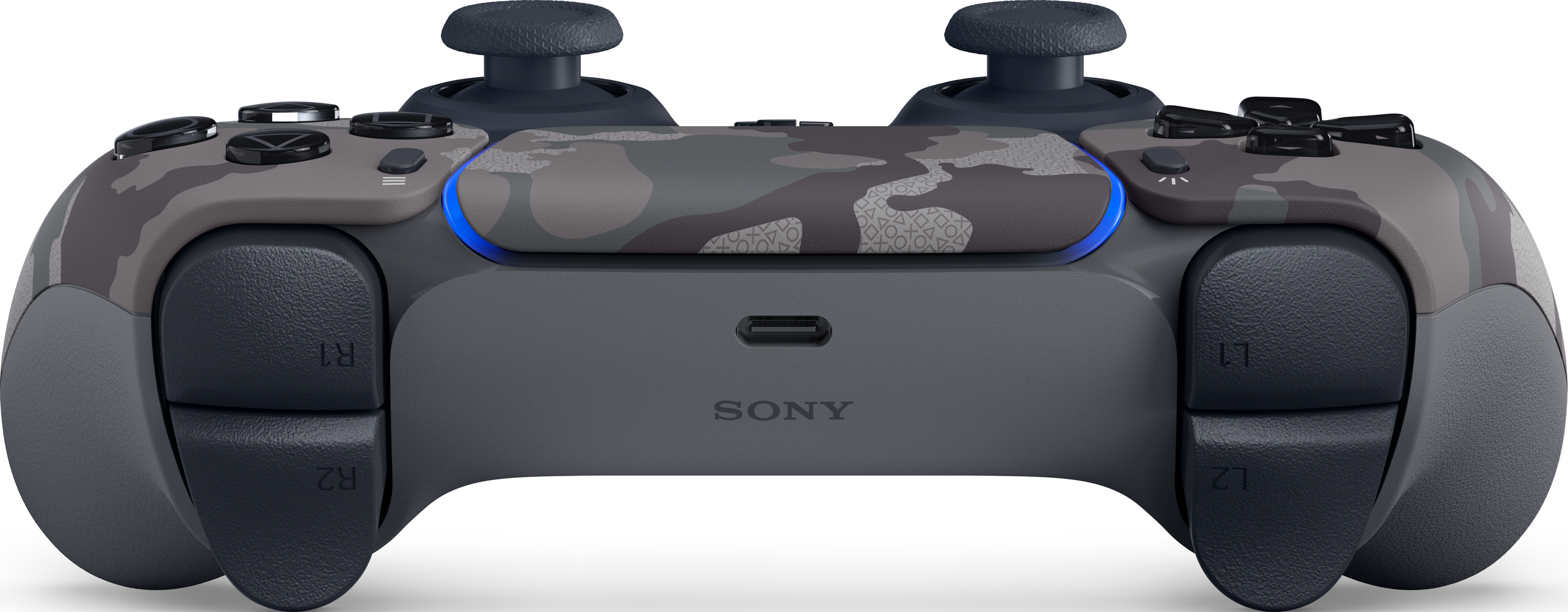Une manette PlayStation 5 grise camouflage. Comprend des boutons, des joysticks et un pavé tactile central avec une lumière bleue.