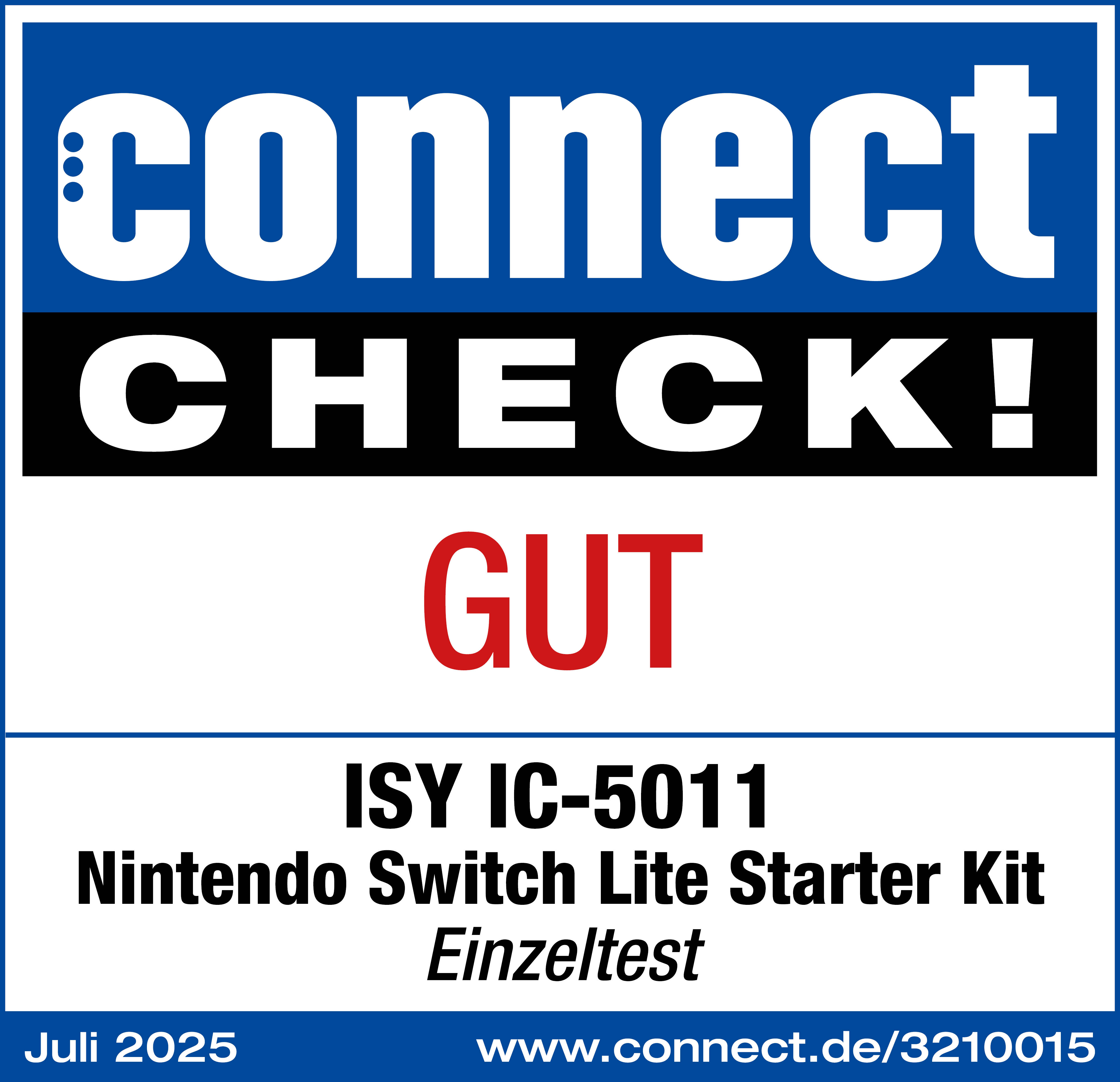 L'immagine è una recensione del prodotto con le parole connect, CHECK!, GUT e Nintendo Switch Lite Starter Kit.