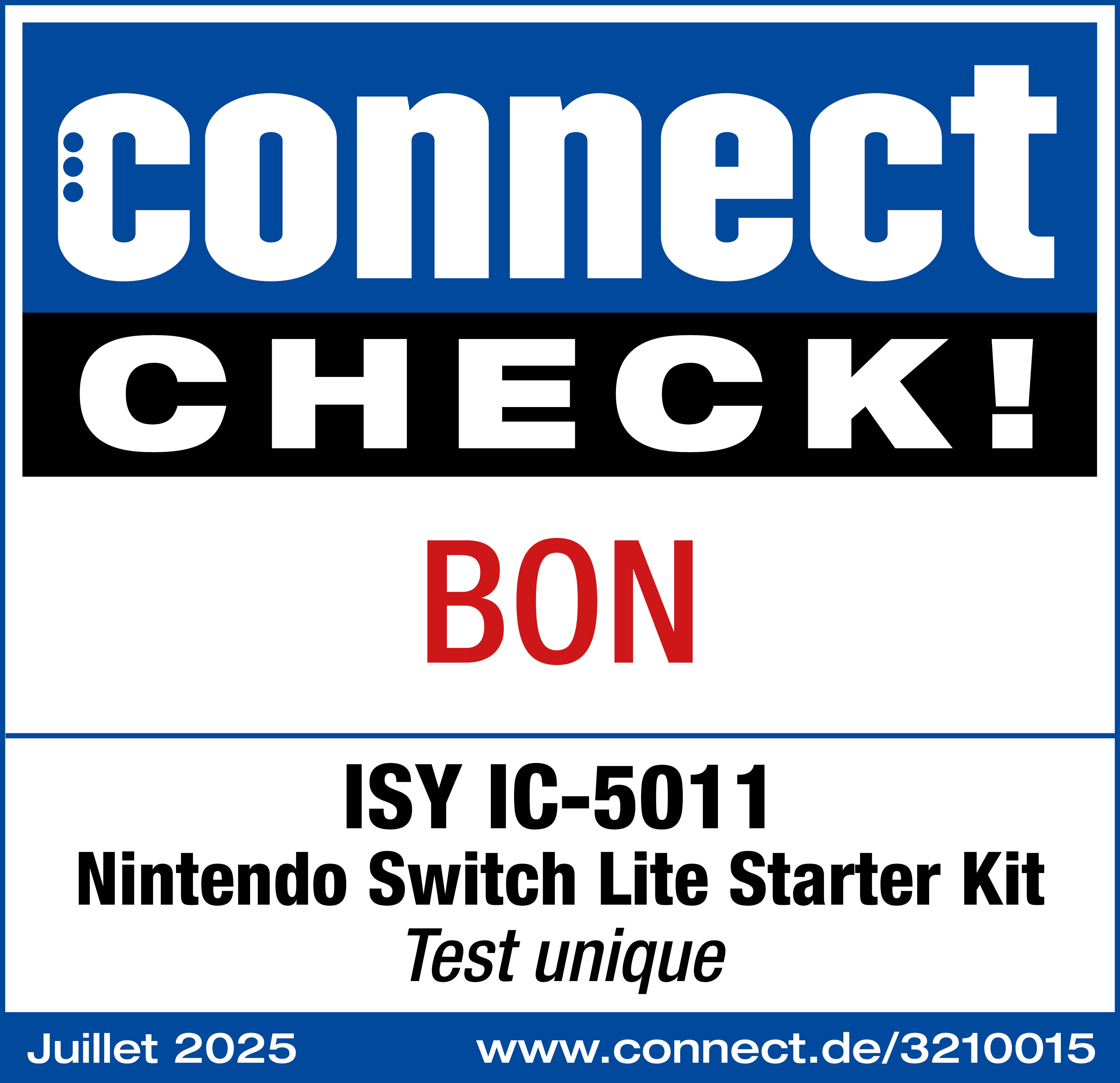 L'immagine è una pubblicità blu e bianca. Contiene testo: 'connect CHECK!', 'BON' e informazioni su un kit Nintendo Switch.