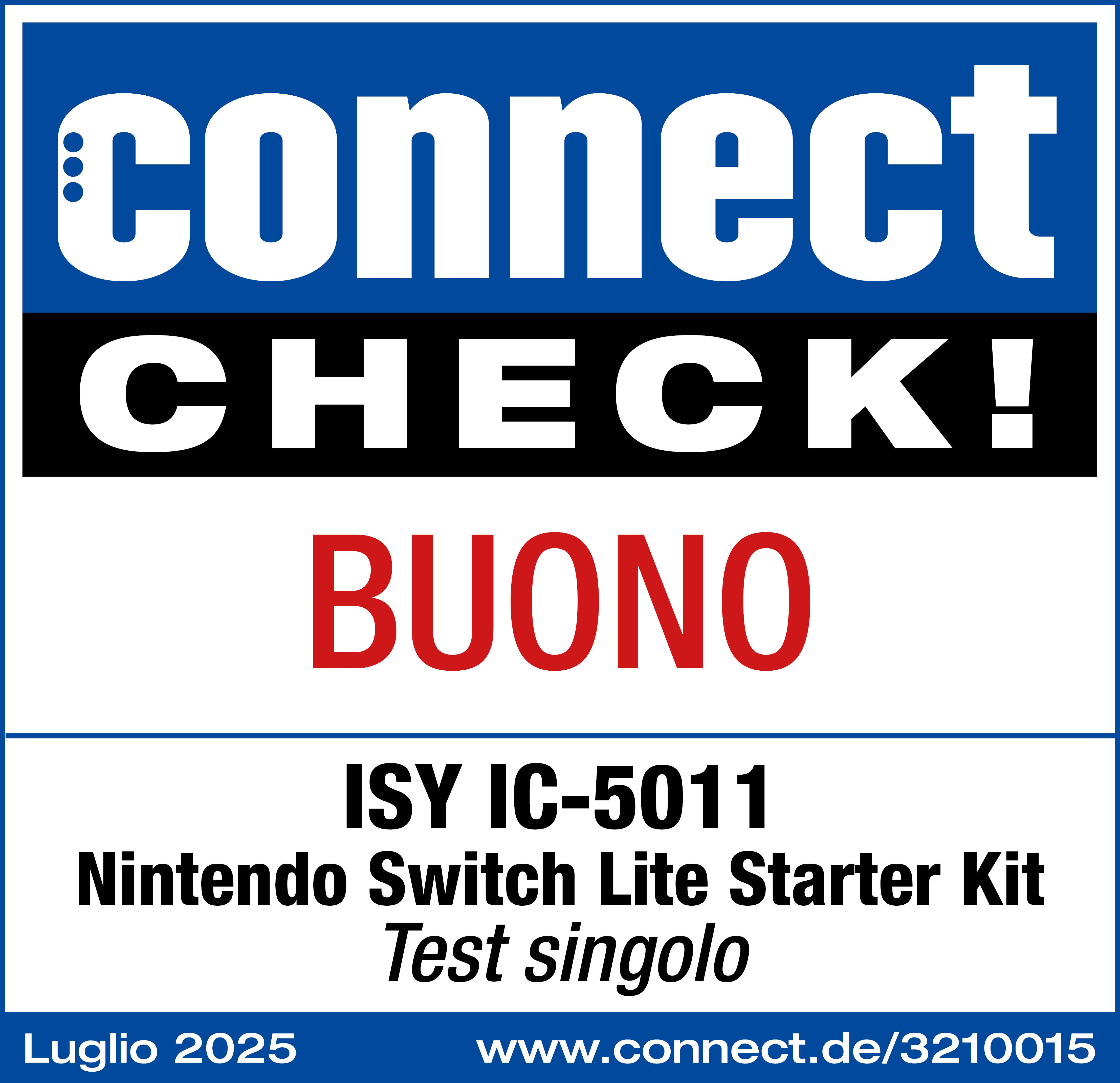 Un rettangolo bianco con bordi blu ha il testo: connect CHECK! BUONO, ISY IC-5011, Nintendo Switch Lite Starter Kit, Test singolo.
