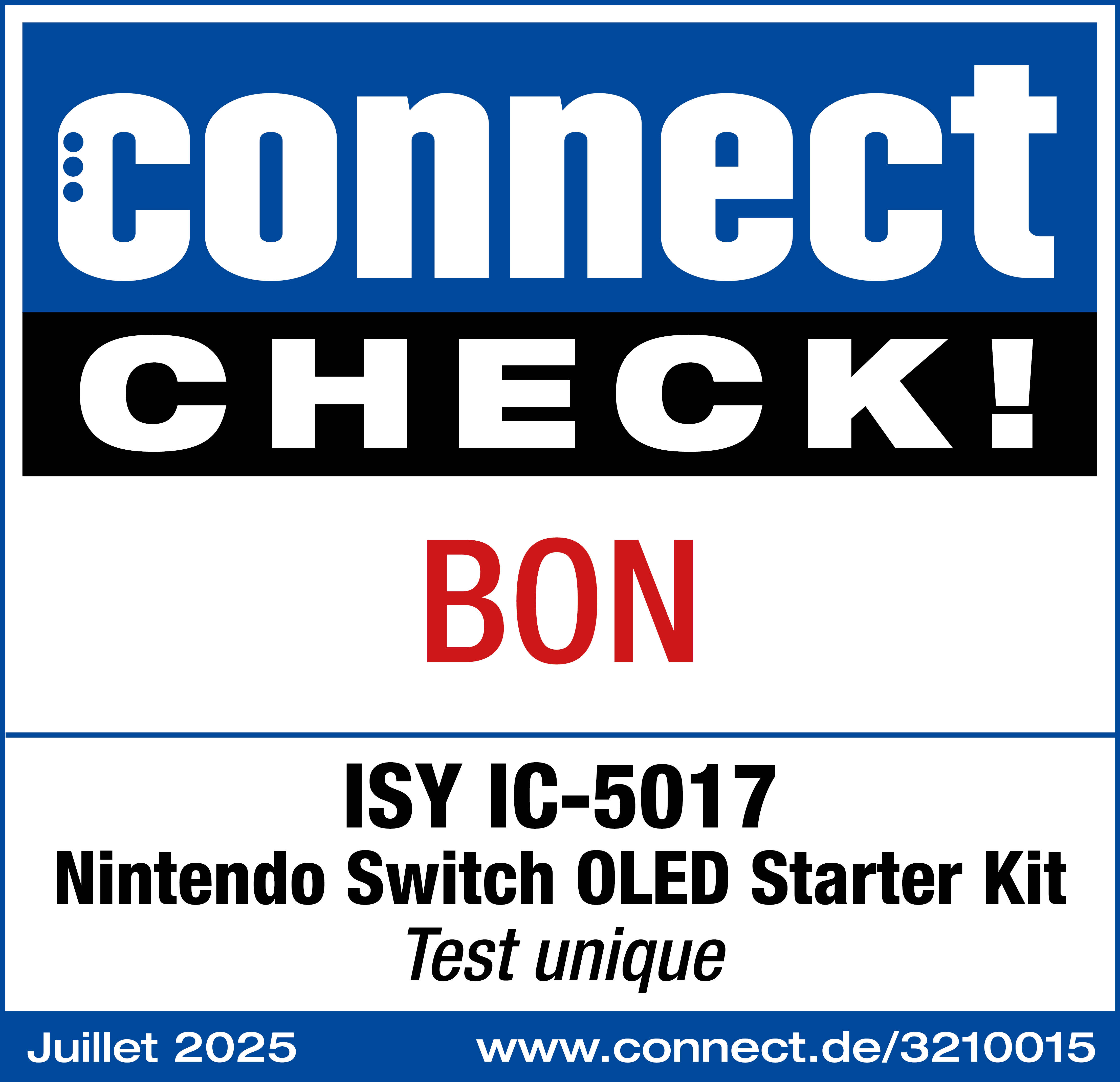 L'immagine è una pubblicità di prodotto. Include le parole 'connect CHECK!' e i dettagli del prodotto per un kit di avvio Nintendo Switch OLED.