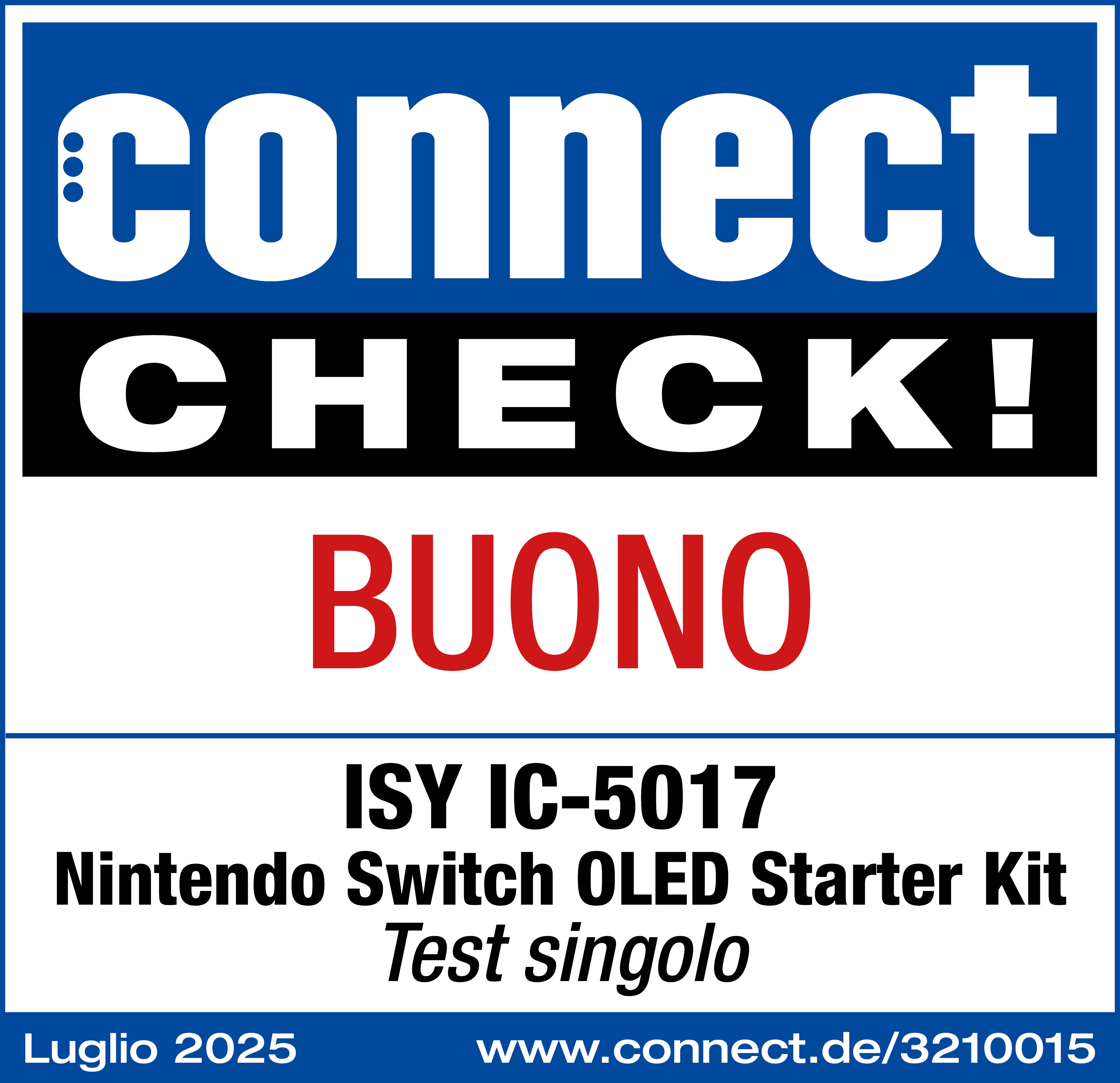 L'immagine è una pubblicità di prodotto con testo in italiano. Dice 'connect CHECK! BUONO' e 'Nintendo Switch OLED Starter Kit'.