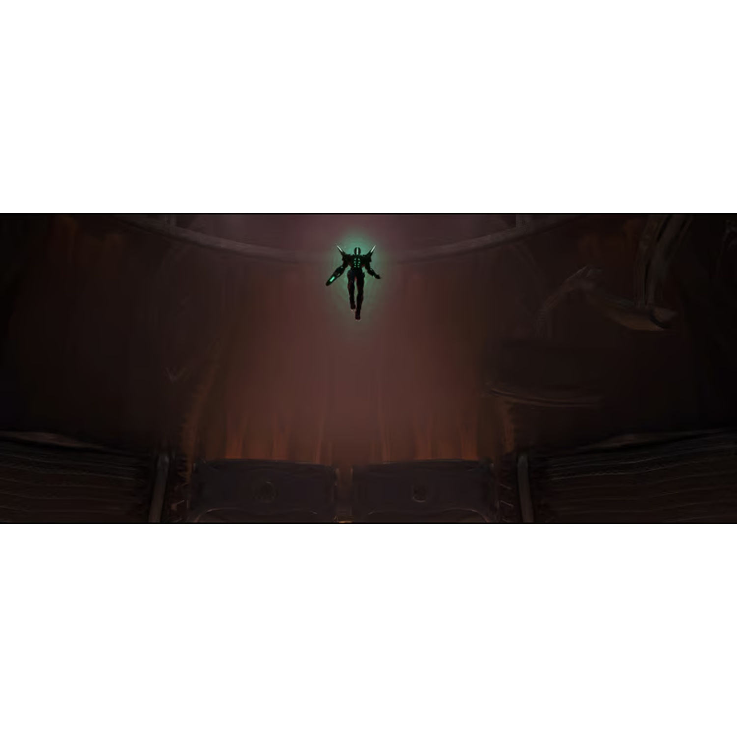 Une silhouette lumineuse plane dans un espace sombre et clos. La lumière verte émane de la silhouette, contrastant avec le fond brun sombre.