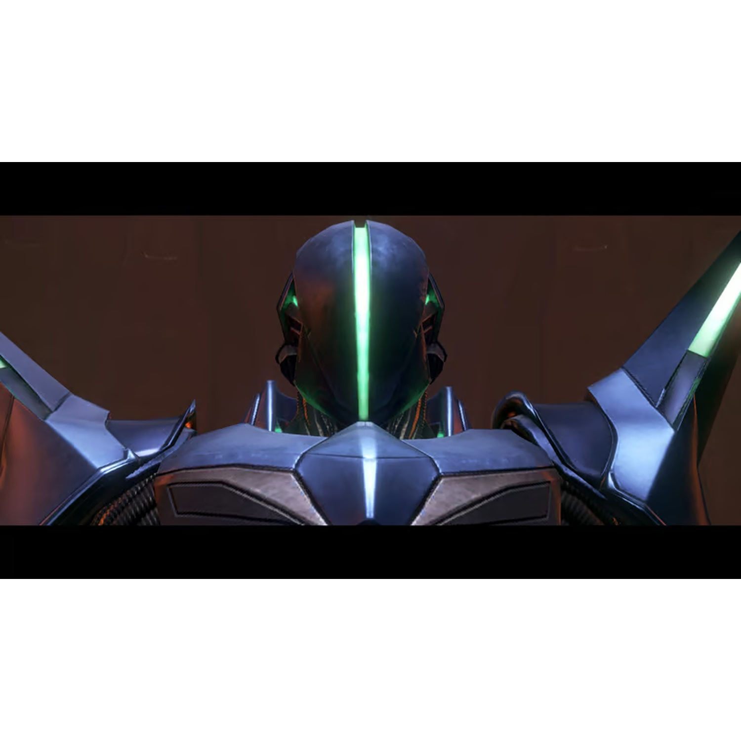 Gros plan sur la tête et les épaules d'un robot futuriste. Il est bleu foncé avec des lignes vertes lumineuses. Le fond est sombre et orange.