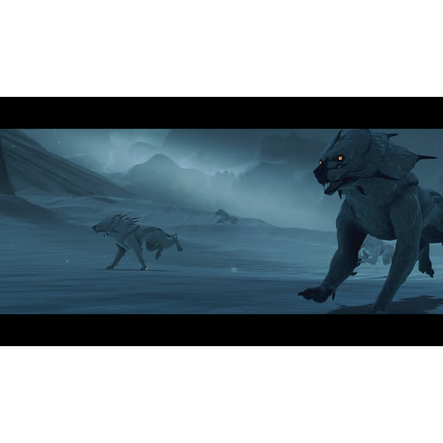 Trois créatures ressemblant à des loups courent à travers un paysage enneigé. Le loup de tête a des yeux brillants. Les montagnes sont en arrière-plan.