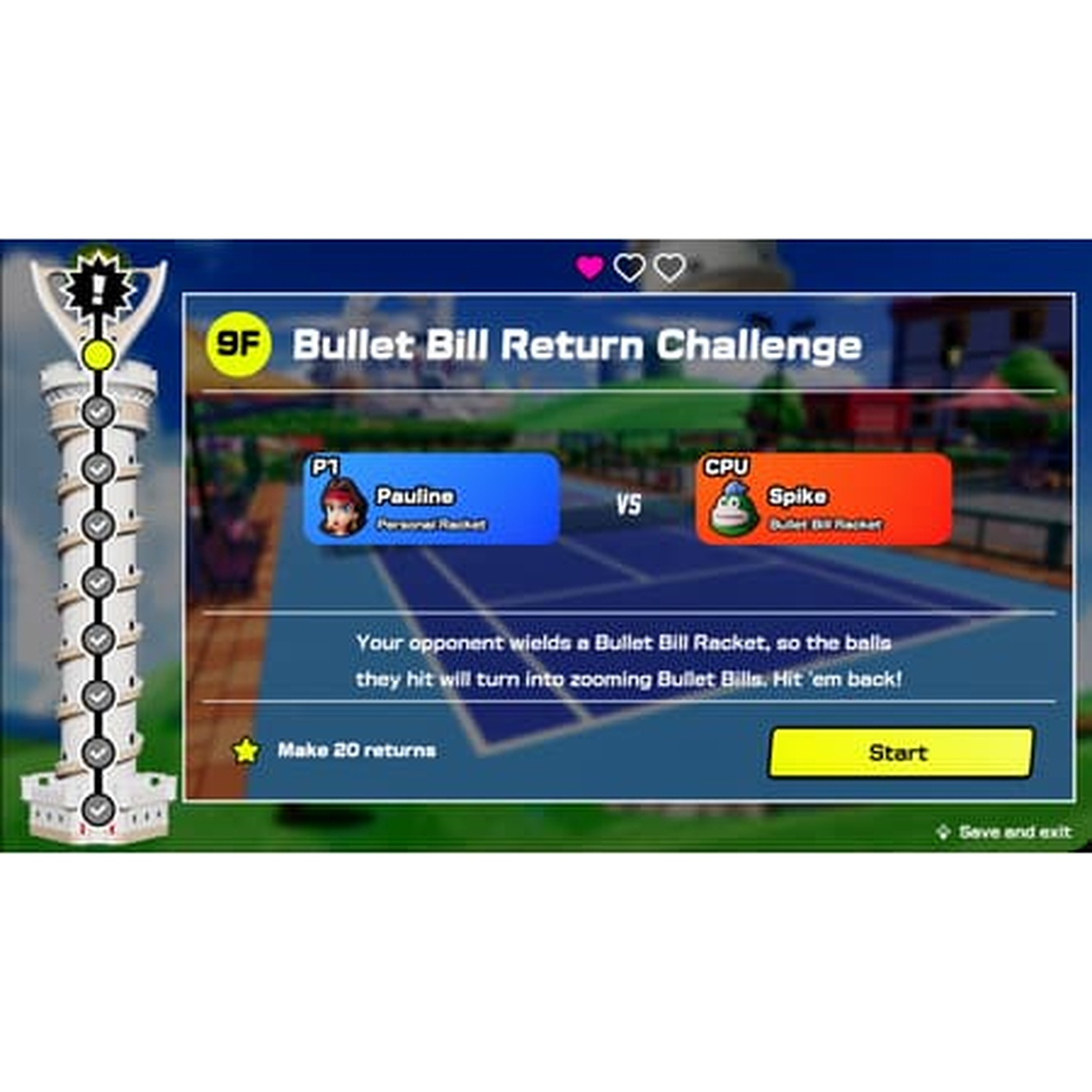 Een spelscherm toont een uitdaging met Pauline vs Spike. Het doel is om 20 Bullet Bills terug te sturen. Er is een trofee en een startknop.