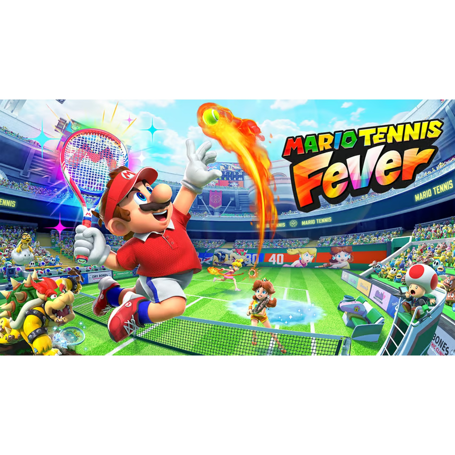 Mario speelt tennis in een stadion. Hij springt met een racket. Een tennisbal staat in brand. Andere personages kijken naar de wedstrijd.