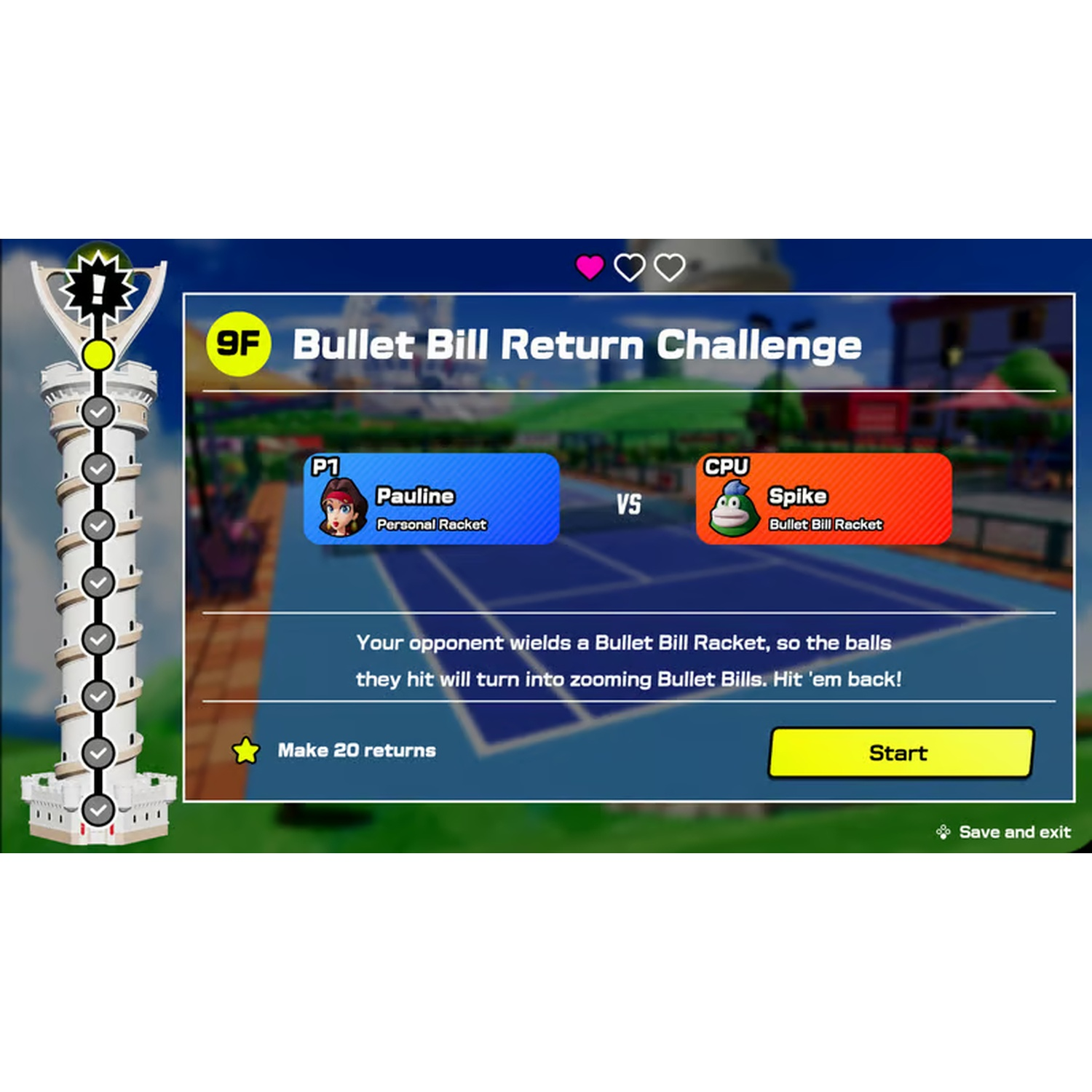 Een videogame scherm toont een tennisbaan uitdaging. Pauline tegen Spike. Het doel is om 20 returns te maken.