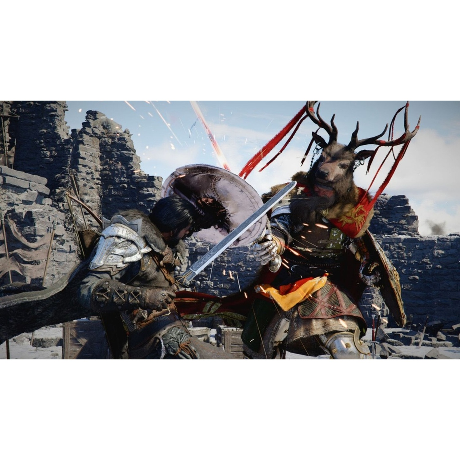 Un guerrier affronte une figure à tête de cerf, épées qui s'entrechoquent. Des étincelles jaillissent. Armure de combat, bouclier et un fond de ruines de pierre.