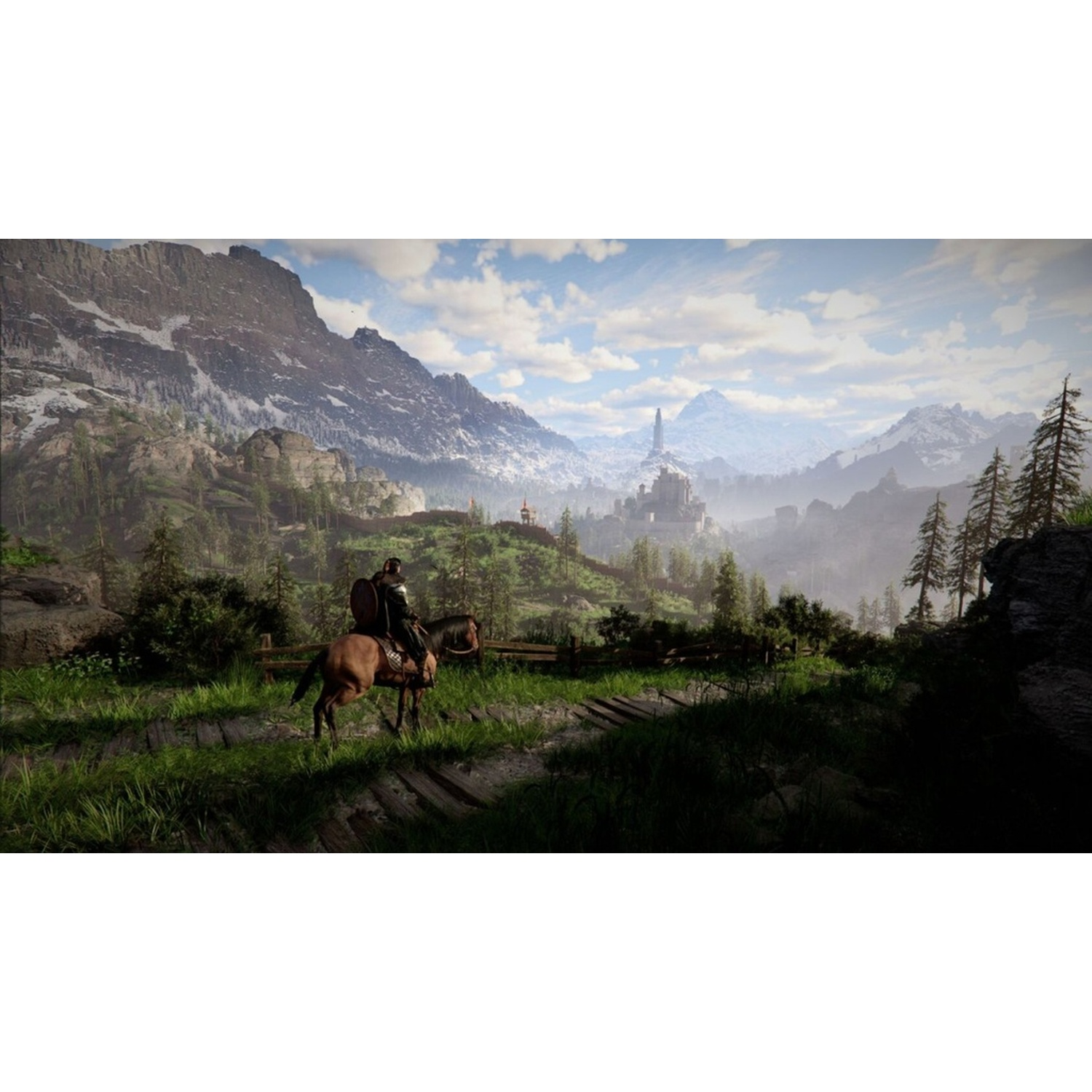 Un chevalier à cheval traverse un paysage montagneux avec un château au loin, des champs verts et des sommets enneigés.