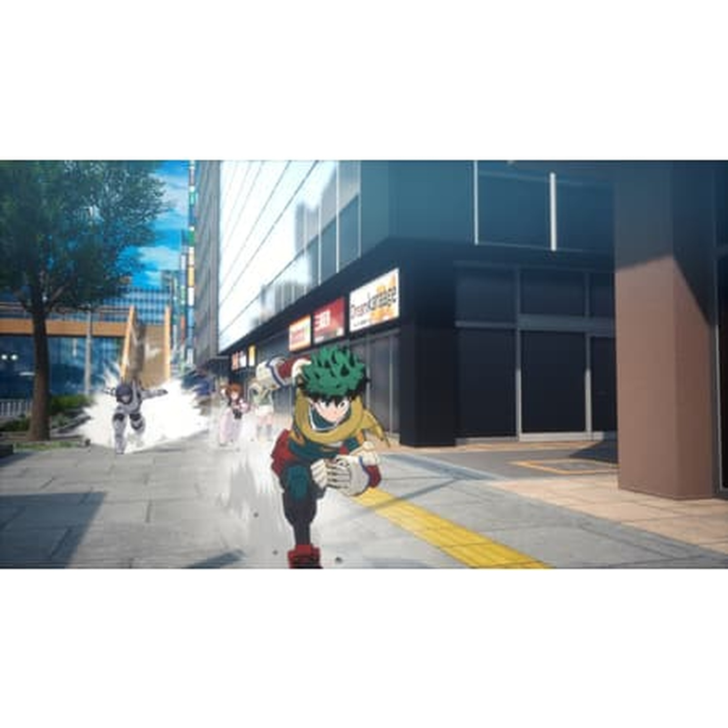 Anime-personages die rennen op een stadsstraat. Een personage met groen haar staat op de voorgrond. Gebouwen en bomen op de achtergrond.