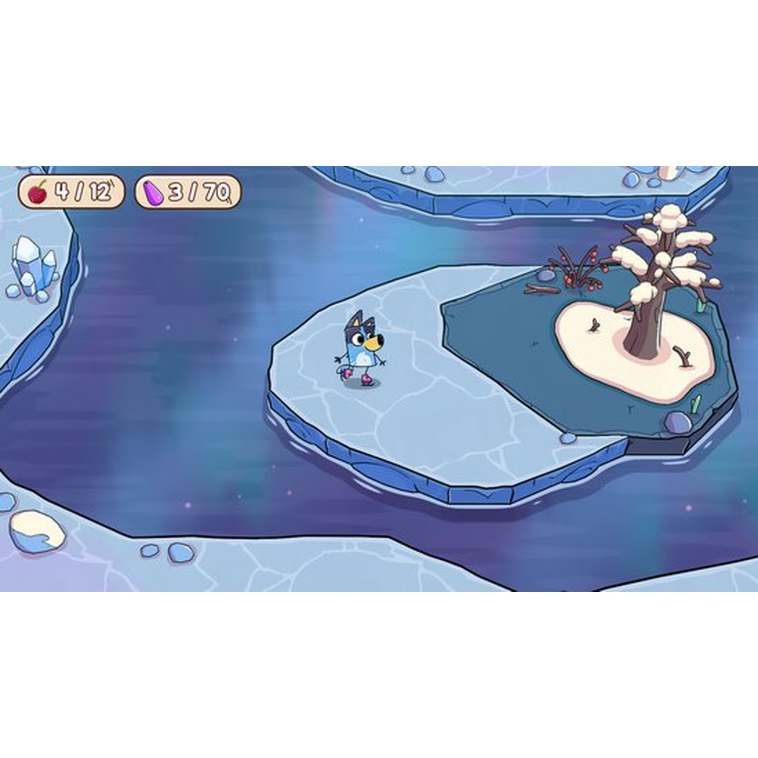 Un personnage de dessin animé sur des patins à glace se tient sur de la glace. Il y a un arbre sur une petite île. L'eau bleue entoure les icebergs. Icône de fruit en haut.