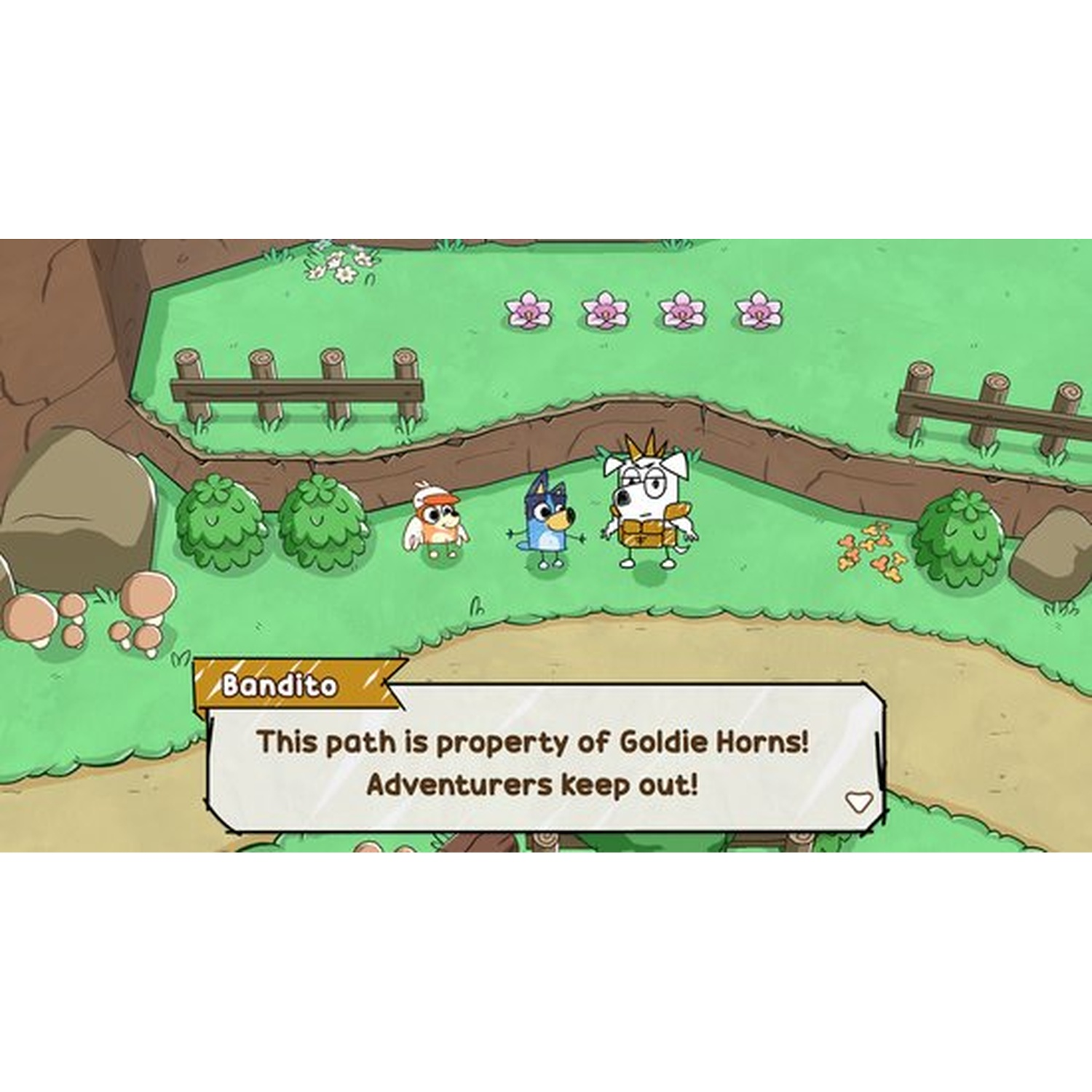 Trois personnages de dessins animés se tiennent sur un chemin avec un panneau indiquant : 'Ce chemin est la propriété de Goldie Horns ! Aventuriers dehors !'