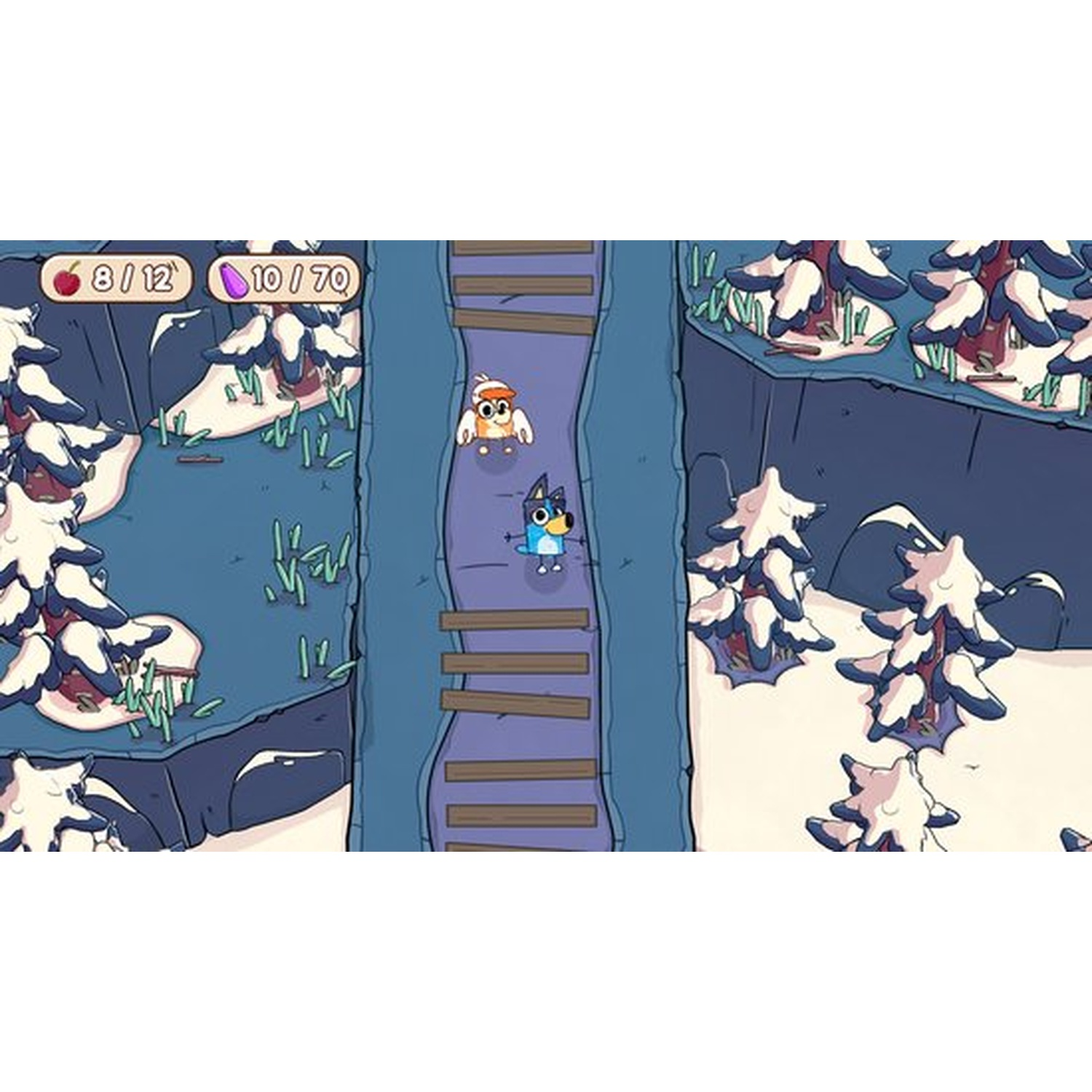 Scène de dessin animé avec deux personnages sur un chemin en bois. Arbres enneigés et fond bleu. Interface de jeu en haut.
