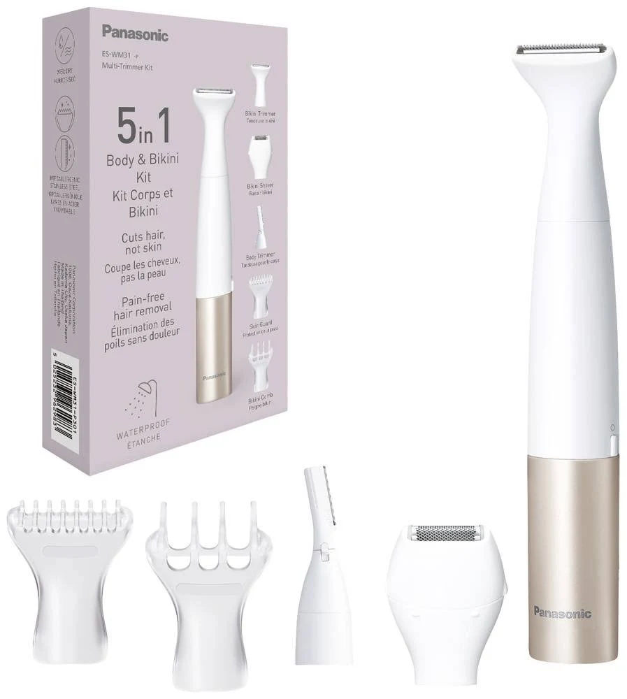 Un kit de recortadora de cuerpo y bikini Panasonic 5 en 1. Incluye la recortadora, accesorios y embalaje con detalles del producto.