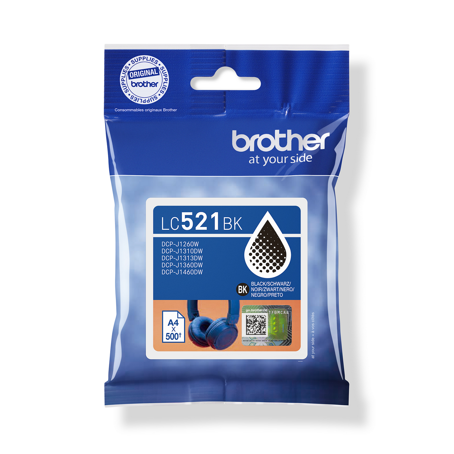 Un cartucho de tinta Brother LC521BK. Embalaje azul con el logotipo y texto de Brother. Incluye compatibilidad con modelos de impresora.