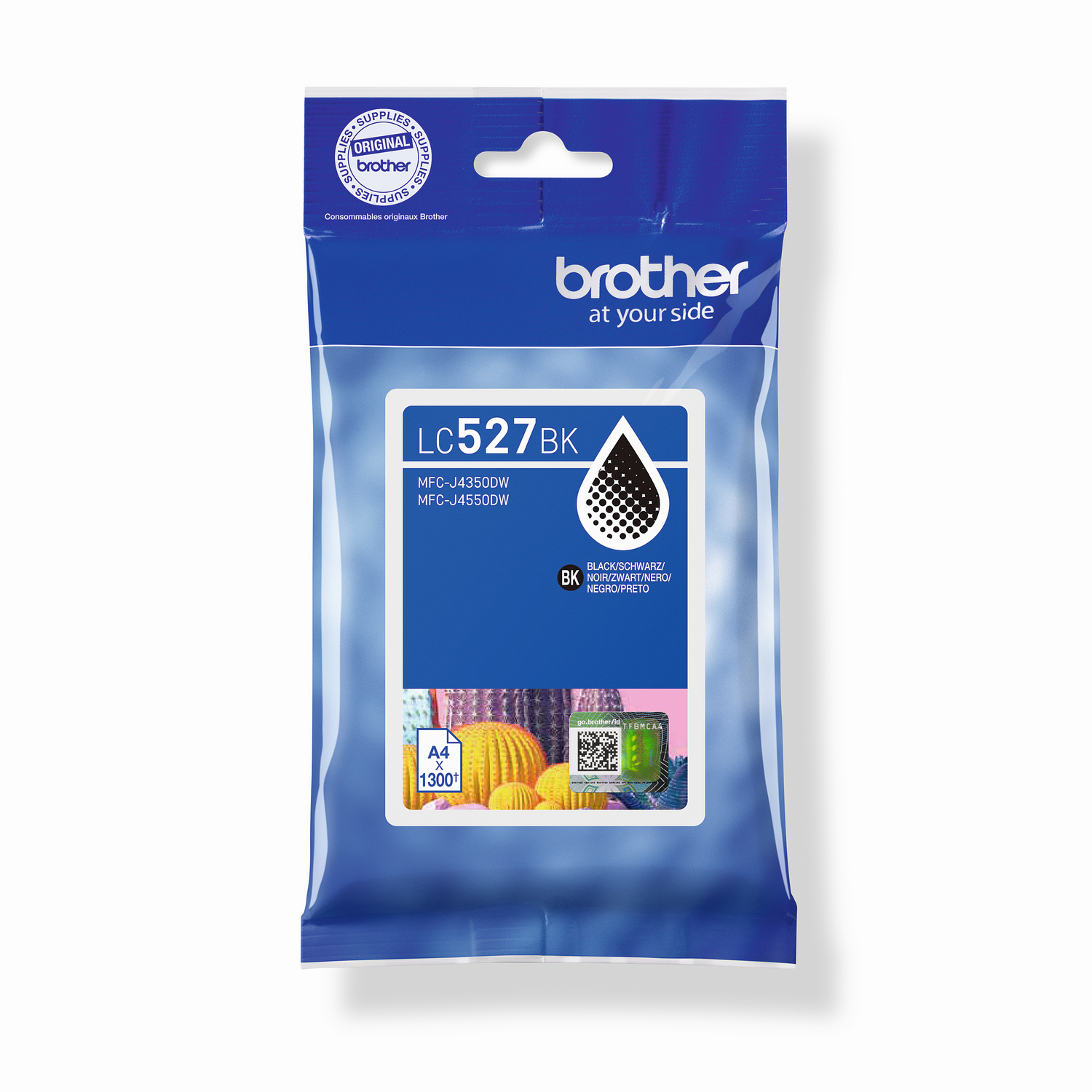 Cartucho de tinta Brother LC527BK. Envase azul y blanco con detalles del producto. Muestra un símbolo de gota de tinta negra y tamaño A4.
