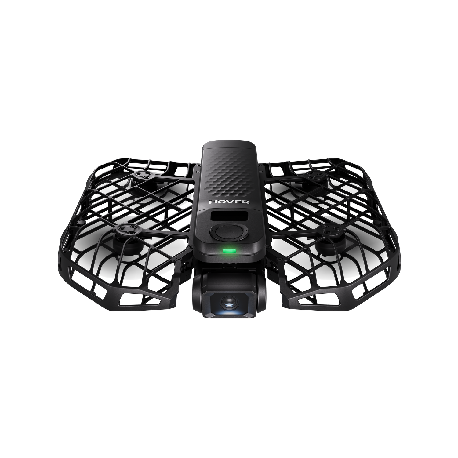Un dron negro y gris con jaulas protectoras alrededor de las hélices. Tiene una cámara abajo y la marca 'HOVER'.