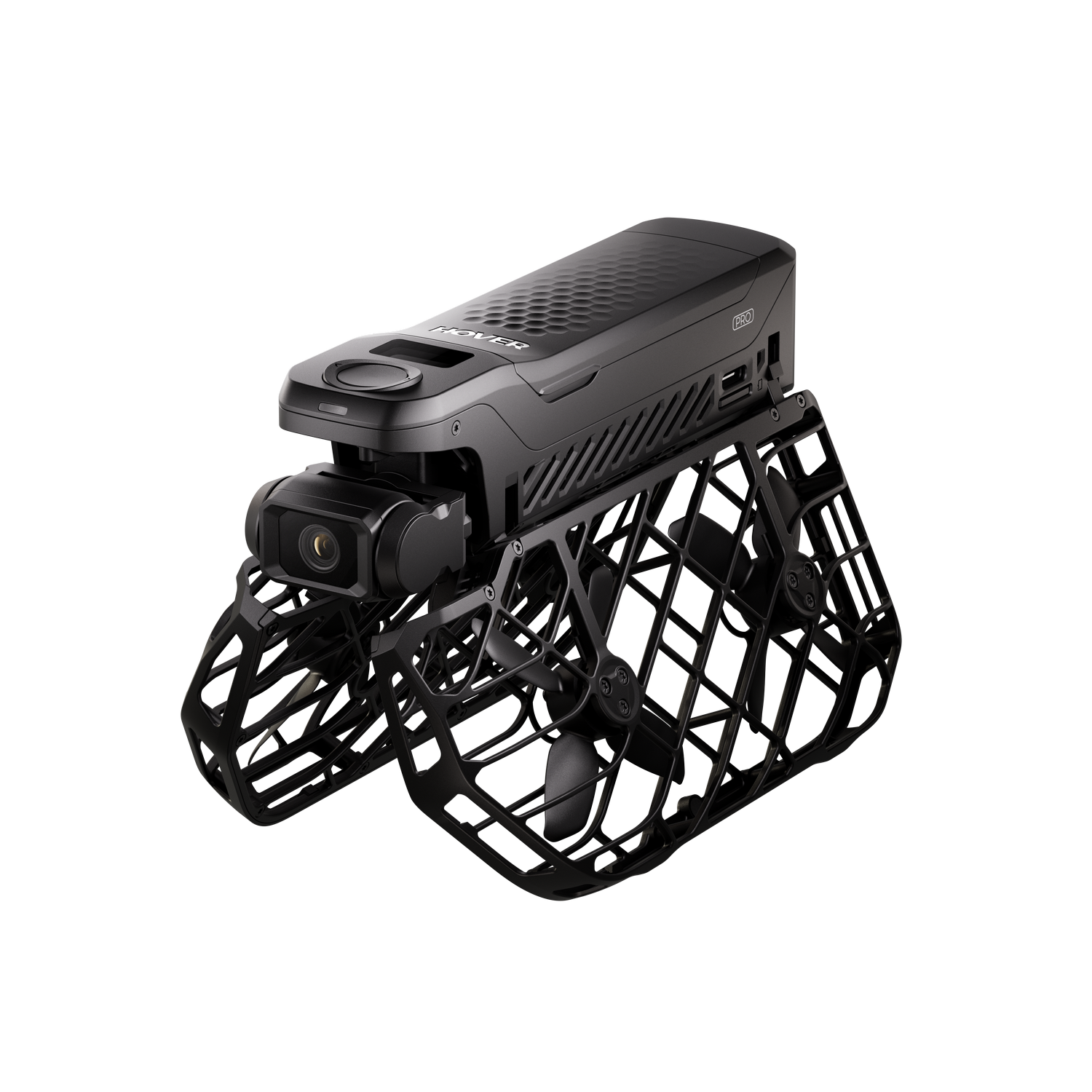 Un dron negro con cámara. Tiene una estructura similar a una jaula con hélices. El fondo es gris.