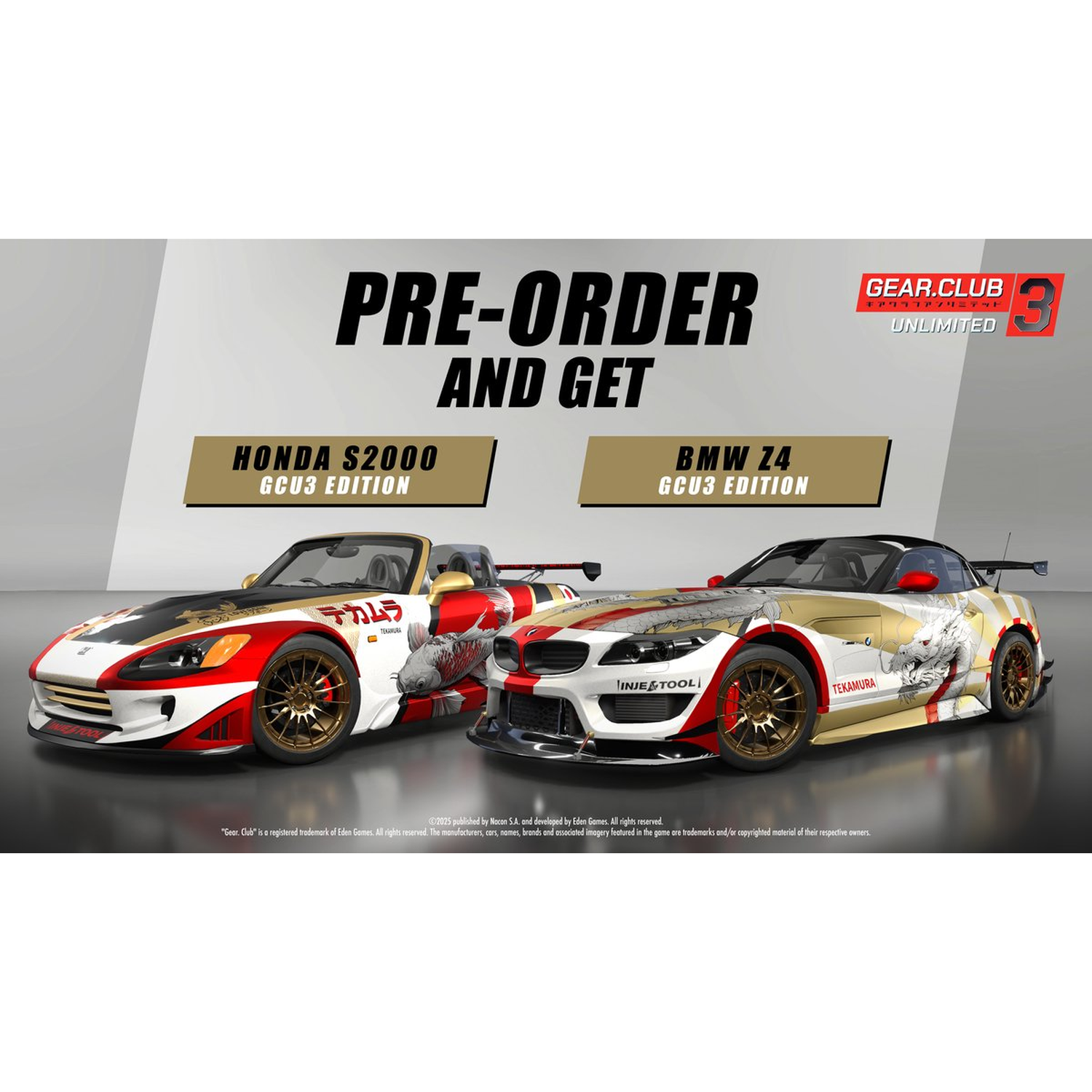 Image features two race cars: a Honda S2000 and a BMW Z4, both with unique liveries. The text says 'PRE-ORDER AND GET GEAR.CLUB 3'.
