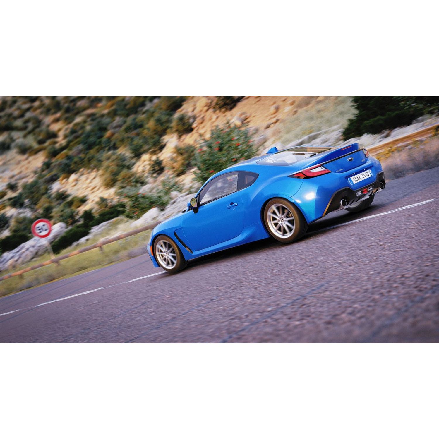 A blue sports car speeds along a road. A speed limit sign is visible. The background shows a hillside with trees.