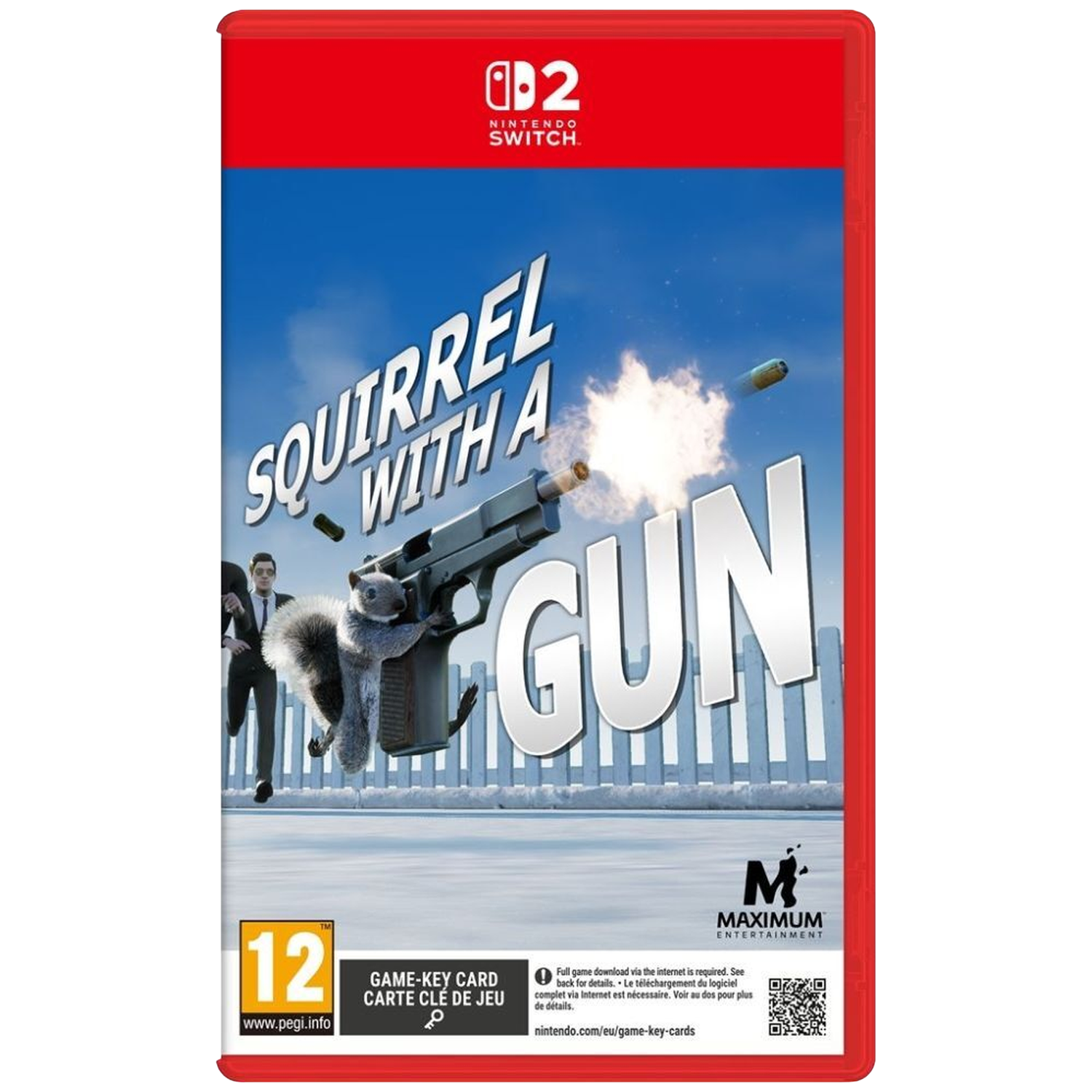 Gamecover. Een eekhoorn houdt een pistool vast en schiet. De titel luidt 'Squirrel with a Gun'. Twee mannen rennen op de achtergrond. Nintendo Switch-logo.