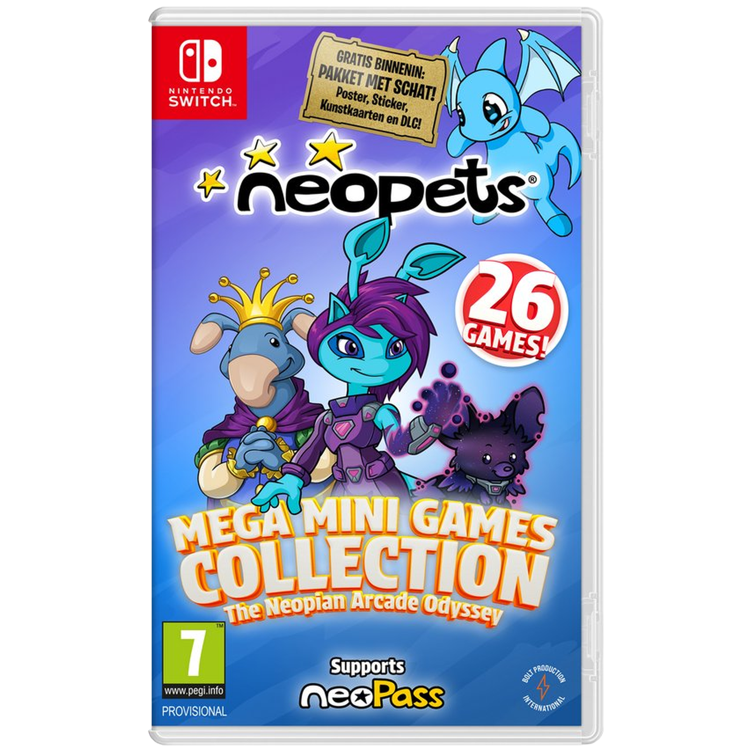 Nintendo Switch game case van Neopets Mega Mini Games Collection. Bevat cartoonfiguren, een blauwe draak en de tekst '26 GAMES!'