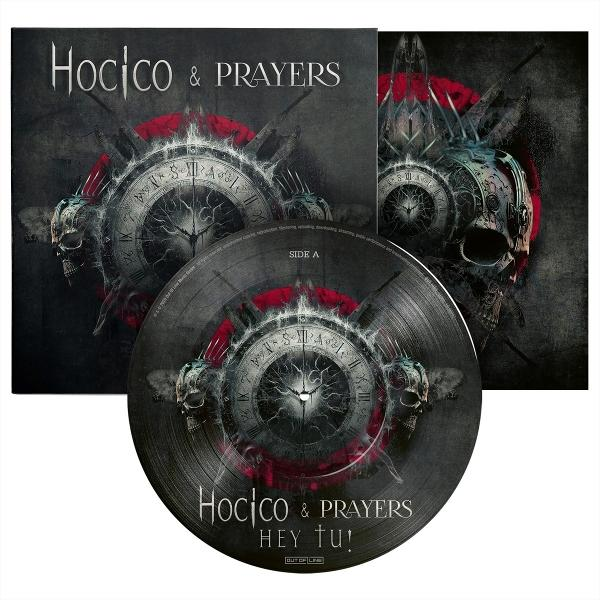 Albumcover: Gotisches Design mit Uhr, Totenköpfen und Text 'Hocico & Prayers'. Eine Schallplatte liegt davor, mit gleichem Design.