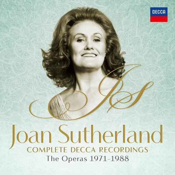 Albumcover mit Joan Sutherland. Sie lächelt, darunter steht "Joan Sutherland COMPLETE DECCA RECORDINGS".