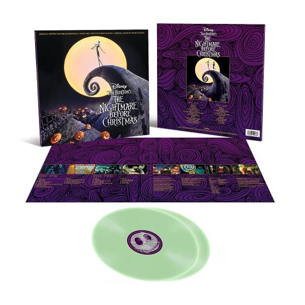 Vinyl-Schallplatte von The Nightmare Before Christmas. Albumcover zeigt Jack Skellington auf einem Hügel mit Mond. Grüne Vinyl.
