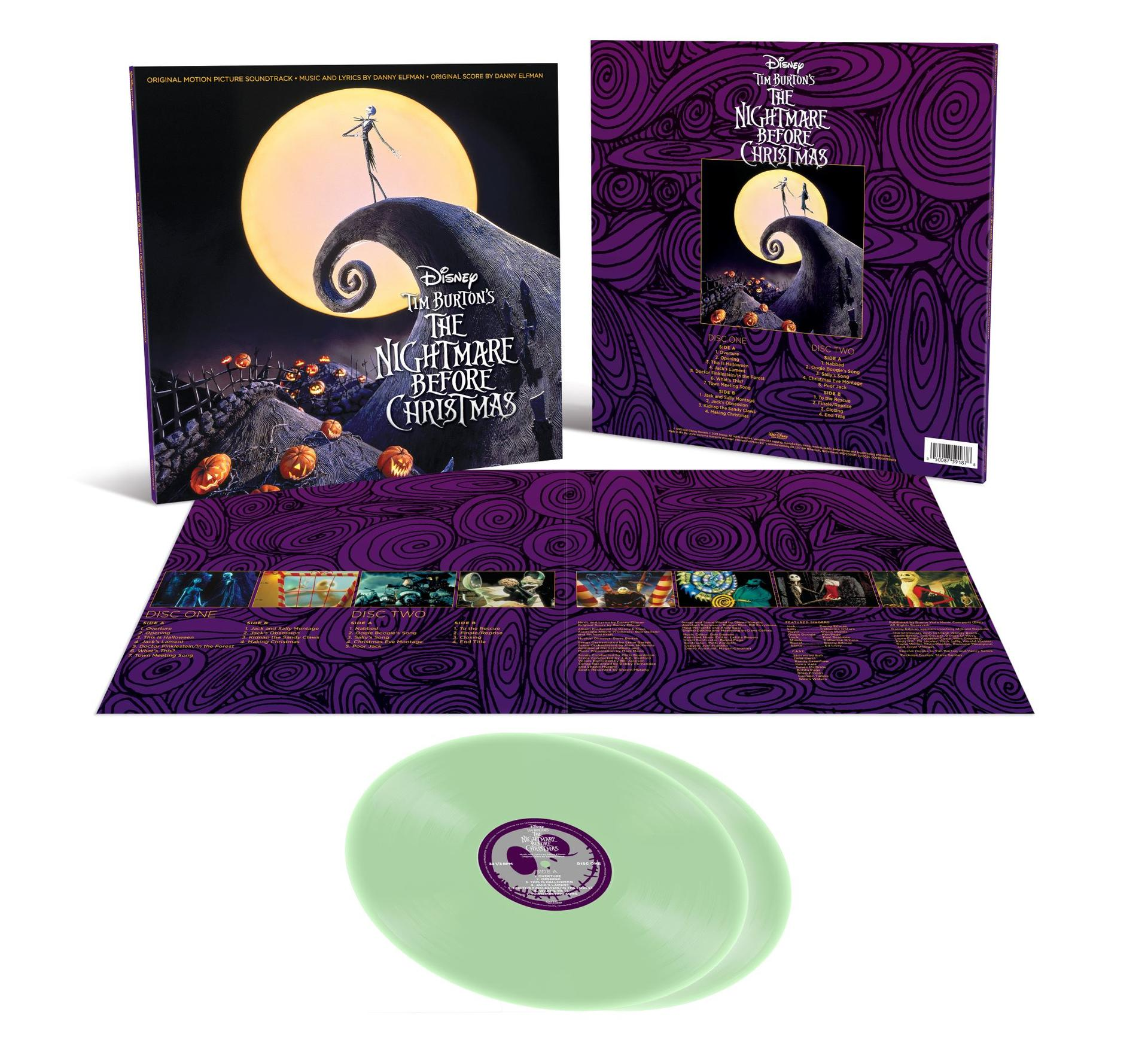 The Nightmare Before Christmas Soundtrack. Enthält Albumcover mit Jack Skellington auf einem Hügel, Vollmond und grüne Vinyl.
