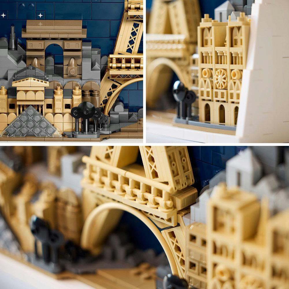 Ein Lego-Modell von Paris mit Eiffelturm, Arc de Triomphe und anderen Gebäuden, alles in Beige und Grau.