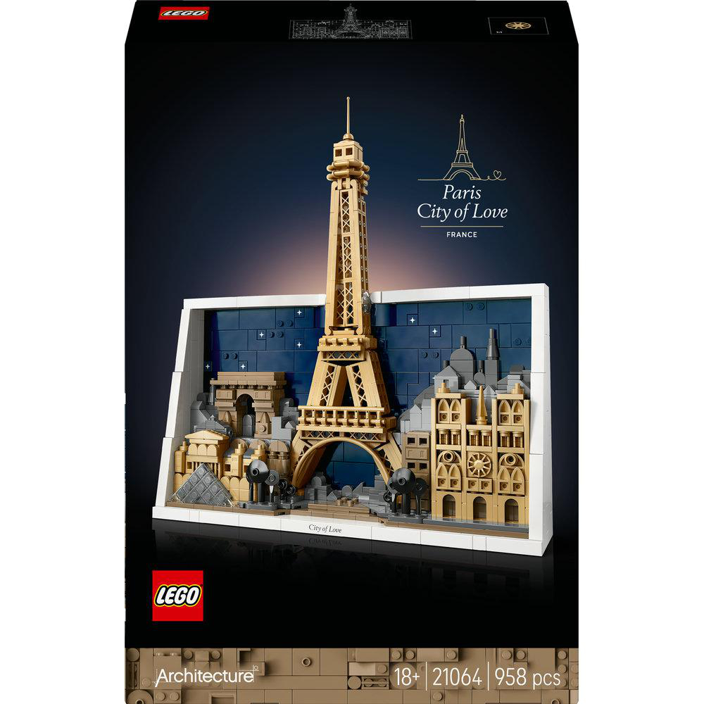 LEGO-Box zeigt die Skyline von Paris, einschließlich des Eiffelturms und anderer Wahrzeichen, in Gold- und Blautönen.