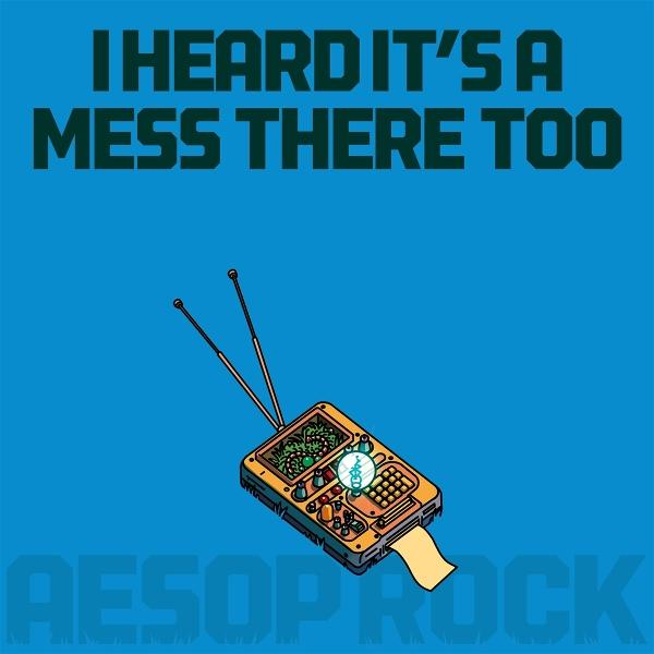 Bild mit Text 'I heard it's a mess there too'. Ein gelbes Gerät mit Antennen, Vegetation und einem Papierstreifen wird gezeigt.