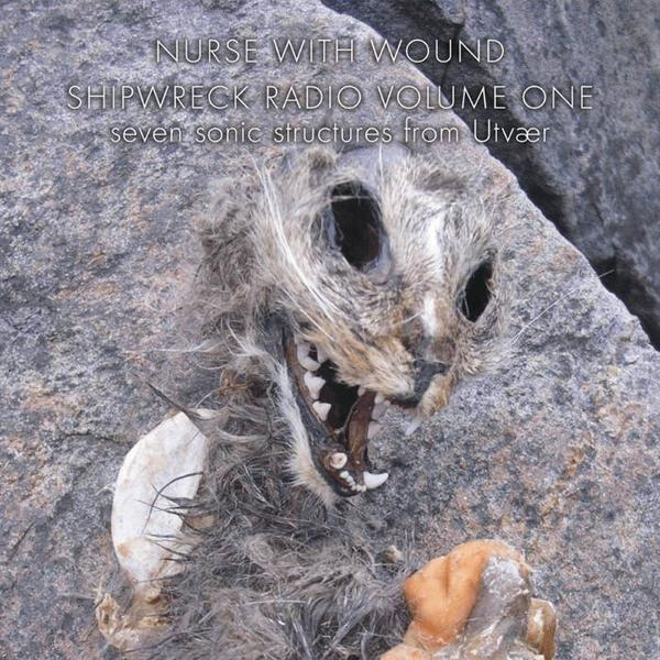 Der Schädel eines toten Tieres liegt auf einem Felsen, mit sichtbaren Zähnen und Fell. Text lautet 'Nurse With Wound' und 'Shipwreck Radio Volume One'.