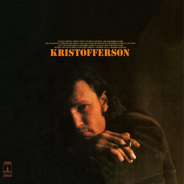 Albumcover mit Kristofferson-Porträt. Er stützt seinen Kopf auf seine Hand und hält eine Zigarette. Orangener Text.