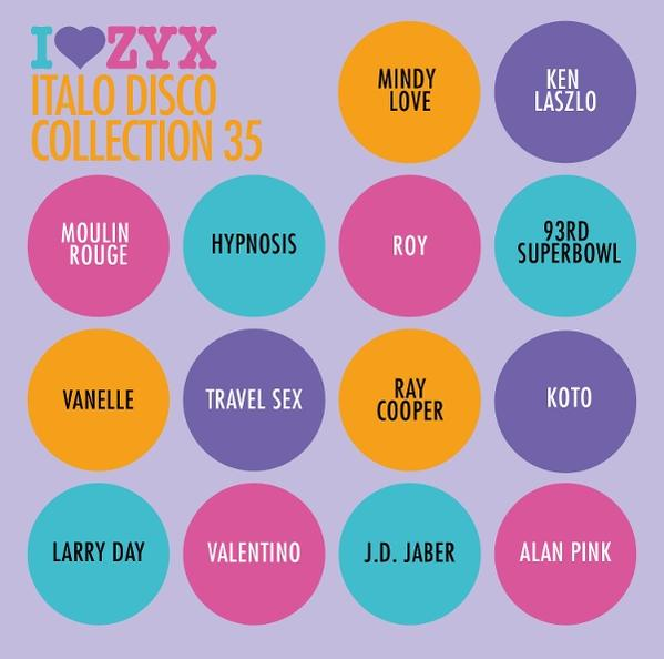 Ein lilafarbener Hintergrund mit dem Text 'I ❤ ZYX ITALO DISCO COLLECTION 35'. 12 Kreise mit Namen wie Mindy Love und Ken Laszlo.