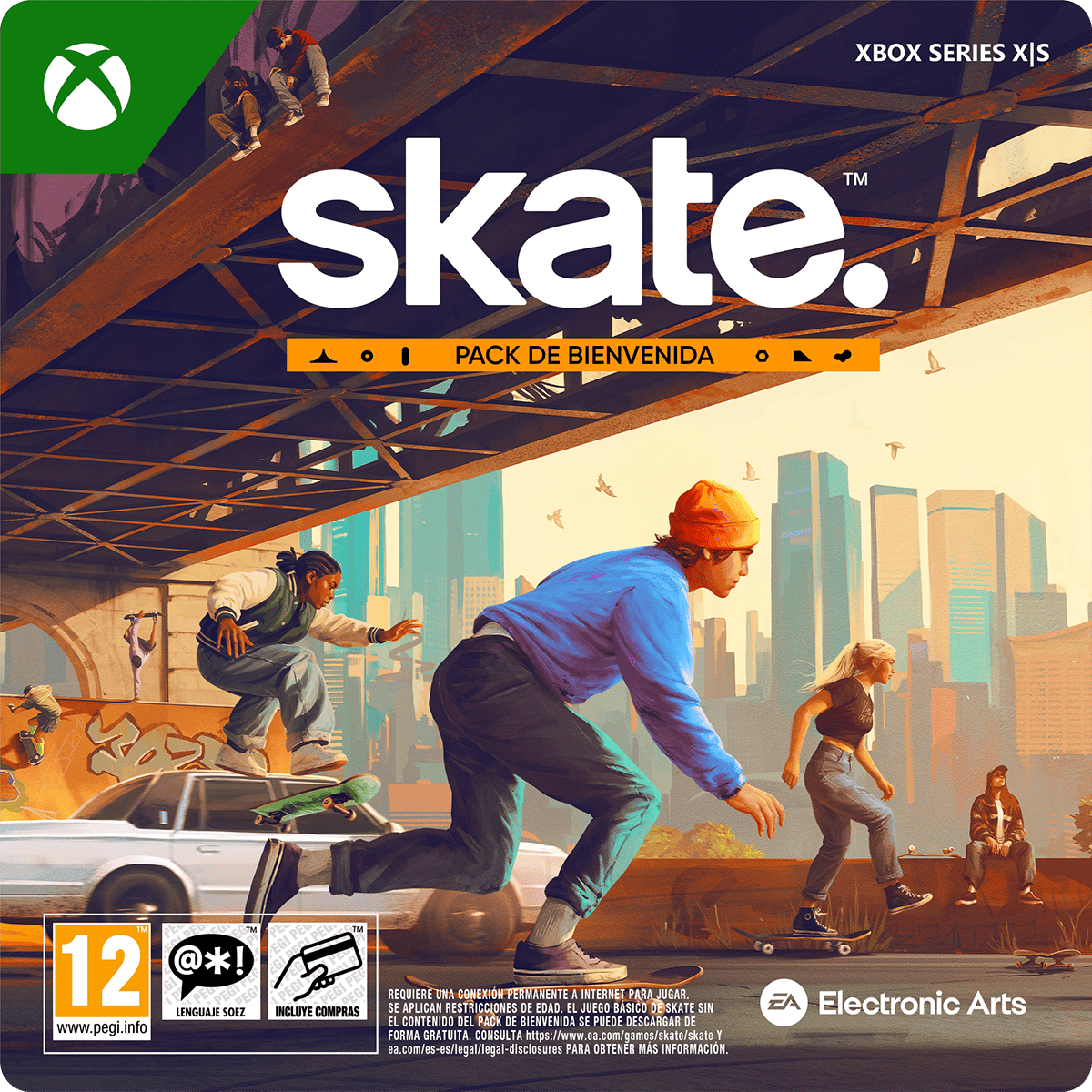 Skateboarders en una escena callejera, portada del juego. Incluye patinadores, coches, edificios y el logo de Xbox Series X|S.
