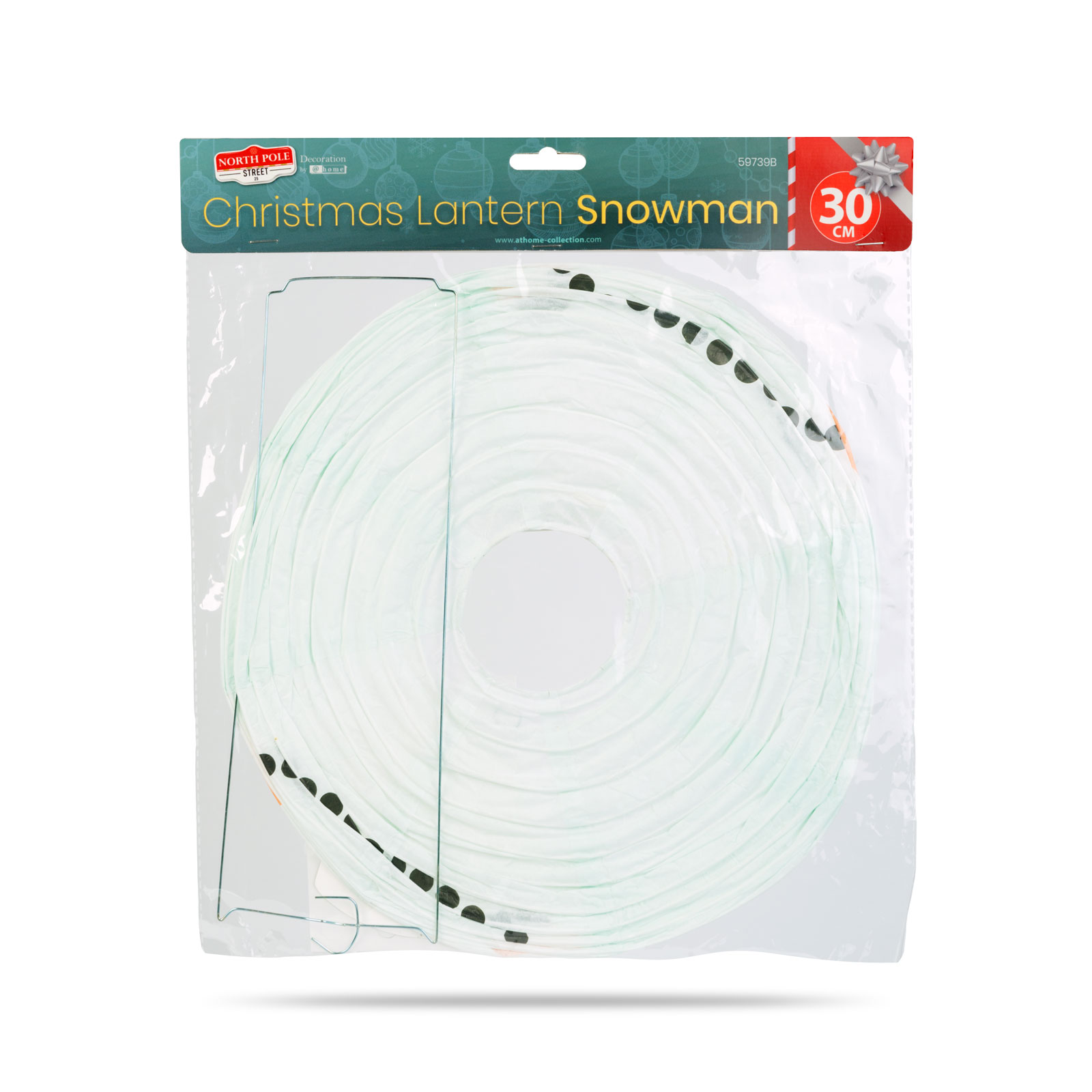 Egy karácsonyi lámpás hóember, 30 cm-es, műanyag csomagolásban. Fehér és mentazöld színek. A csomagolás részleteket mutat.