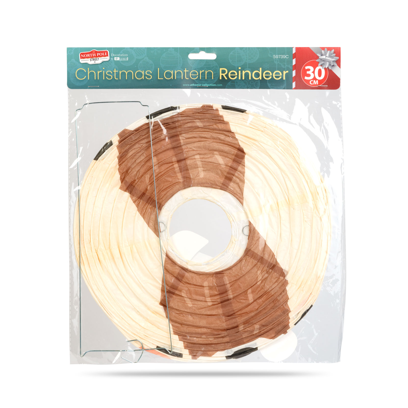 Karácsonyi lámpás, rénszarvas dizájn, átlátszó csomagolásban. Bézs és barna papír, fém keret. Szöveg: 'Christmas Lantern Reindeer'.