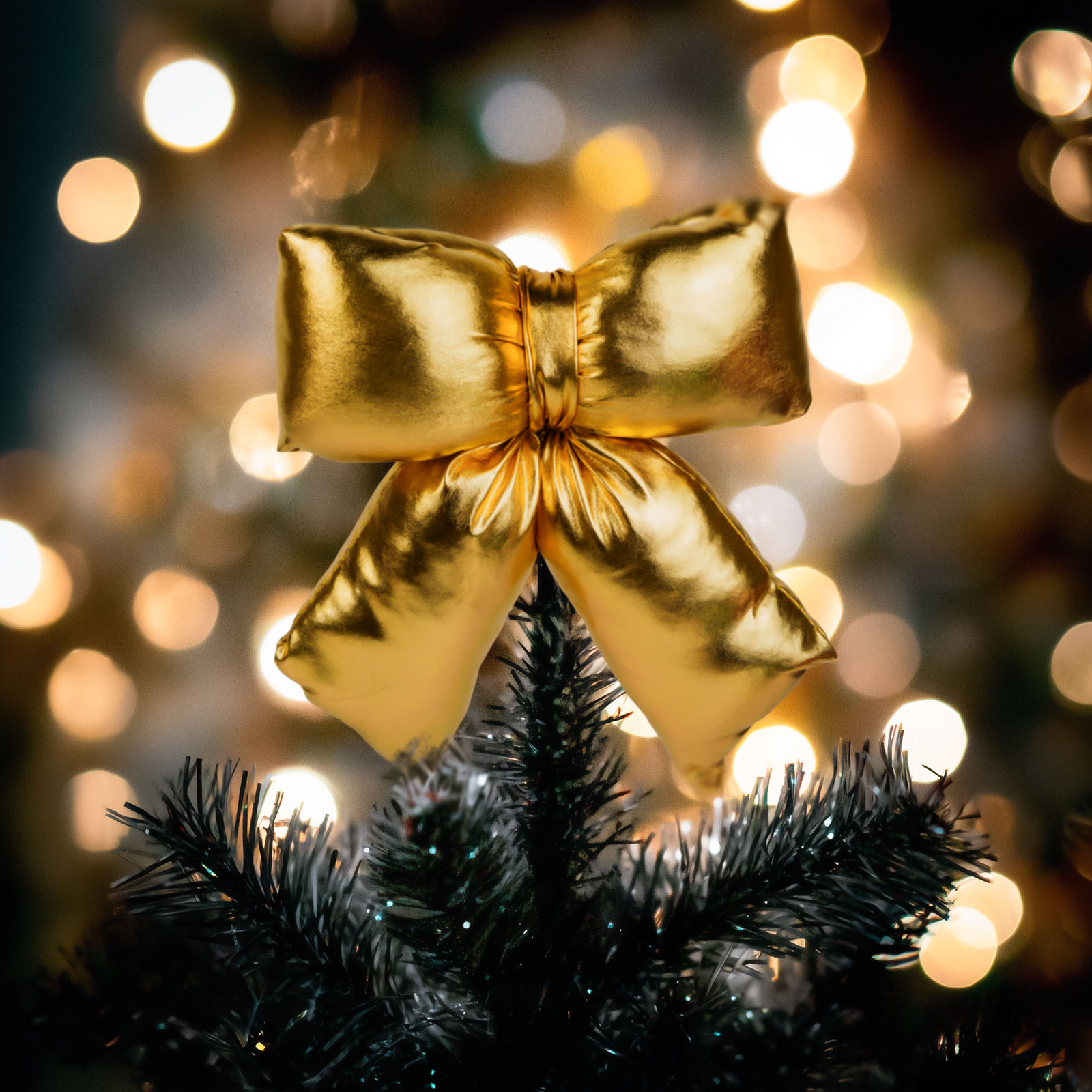 Egy arany masni egy sötétzöld karácsonyfán. Bokeh fények a háttérben. A masni fényes.