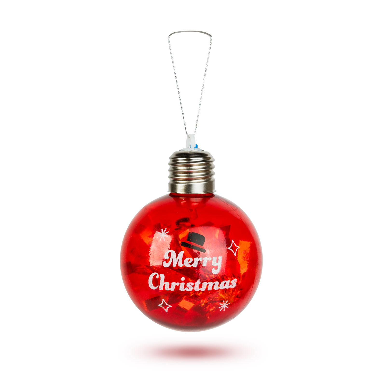 Piros karácsonyfadísz, villanykörte alakú, 'Merry Christmas' felirattal és hóember kalappal.