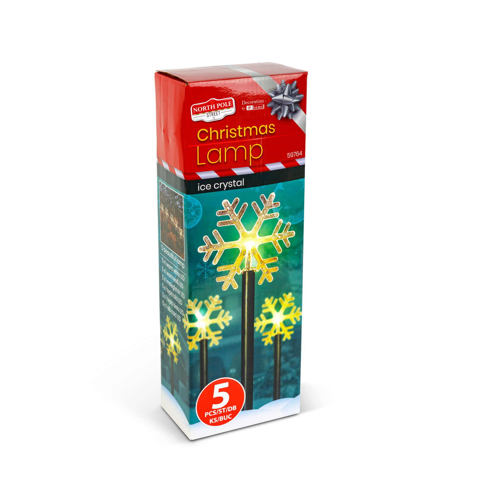 Egy karácsonyi lámpás doboz hópelyhes lámpákat mutat. Piros teteje és ezüst szalagja van. A dobozon a 'Christmas Lamp' felirat látható.