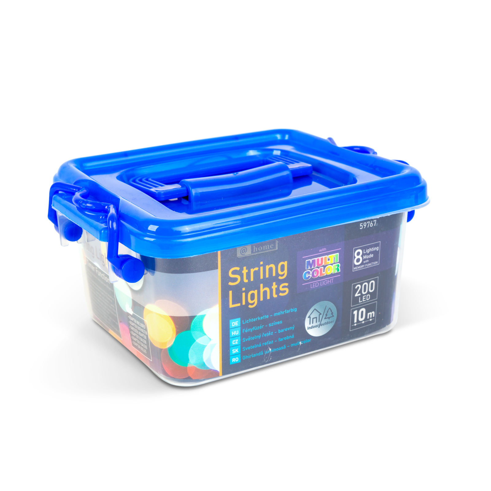 Egy kék műanyag dobozban füzérfények vannak. A doboznak van fedele és retesze. A dobozon a 'String Lights' és a 'Multi Color' felirat olvasható.