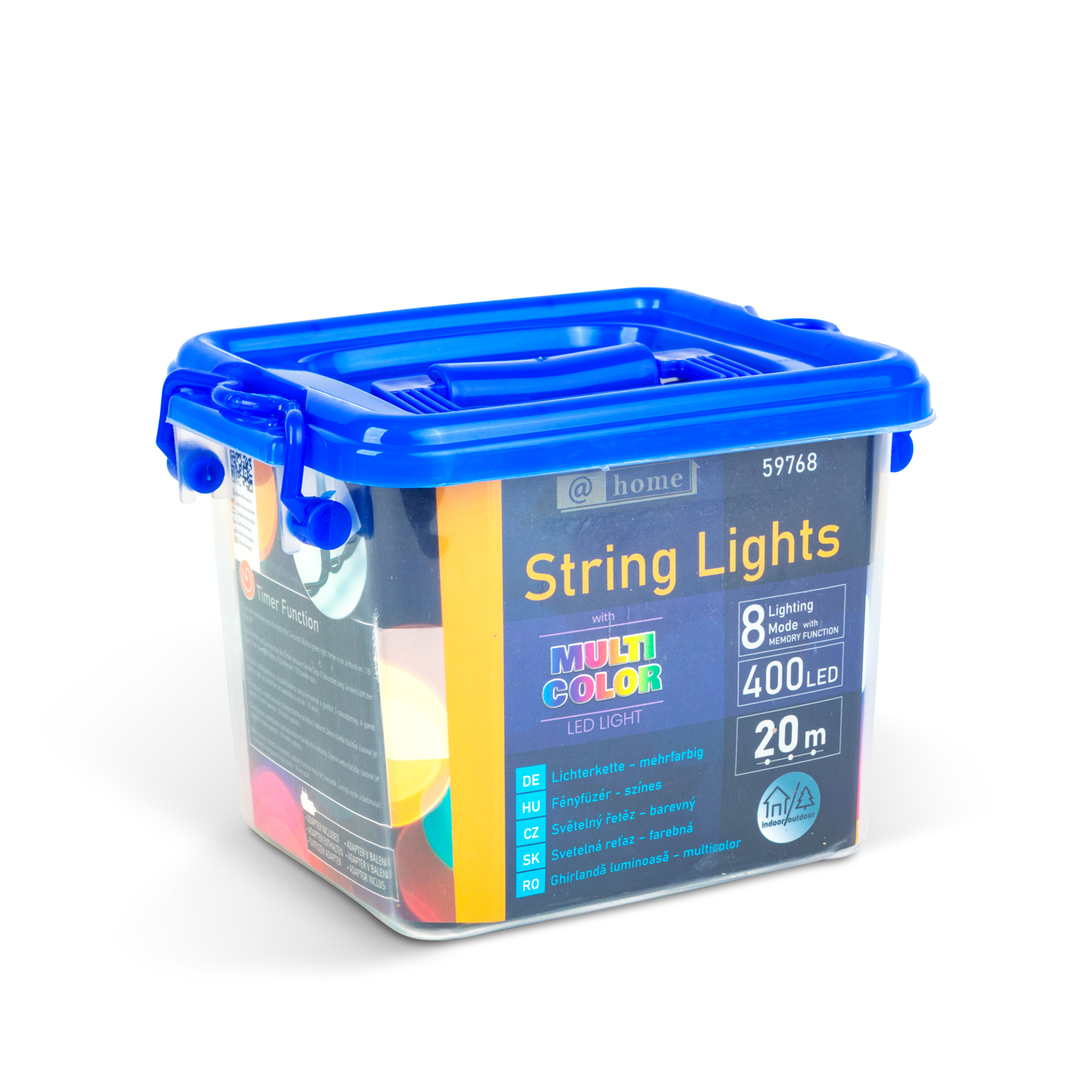 Egy kék tartály, amely füzérfényeket tartalmaz. A címke szerint 'Multi Color LED light', 400 LED, és 20m.