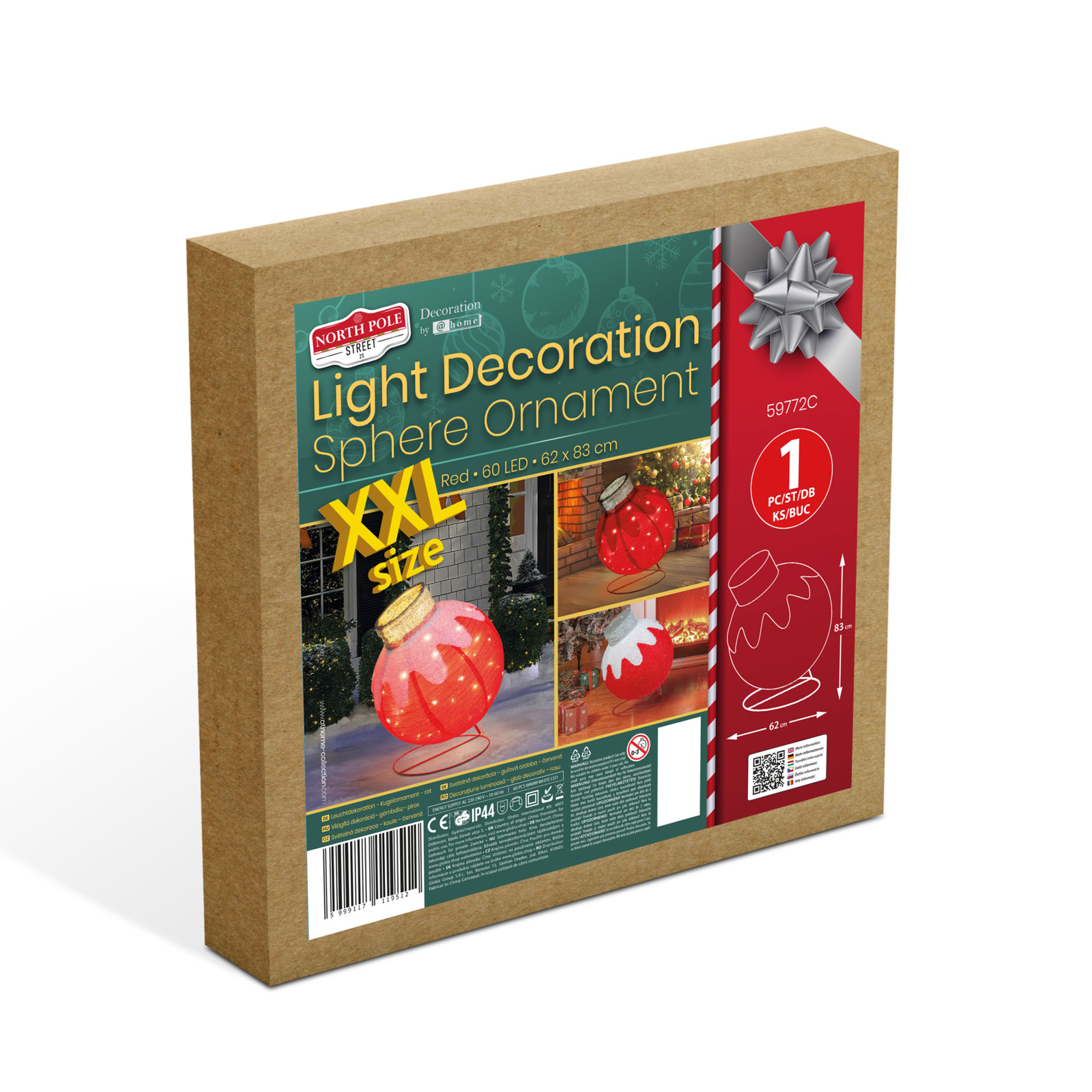 Kartondoboz karácsonyi dísz illusztrációval. A szöveg tartalmazza a 'Light Decoration Sphere Ornament' és a termék adatait.