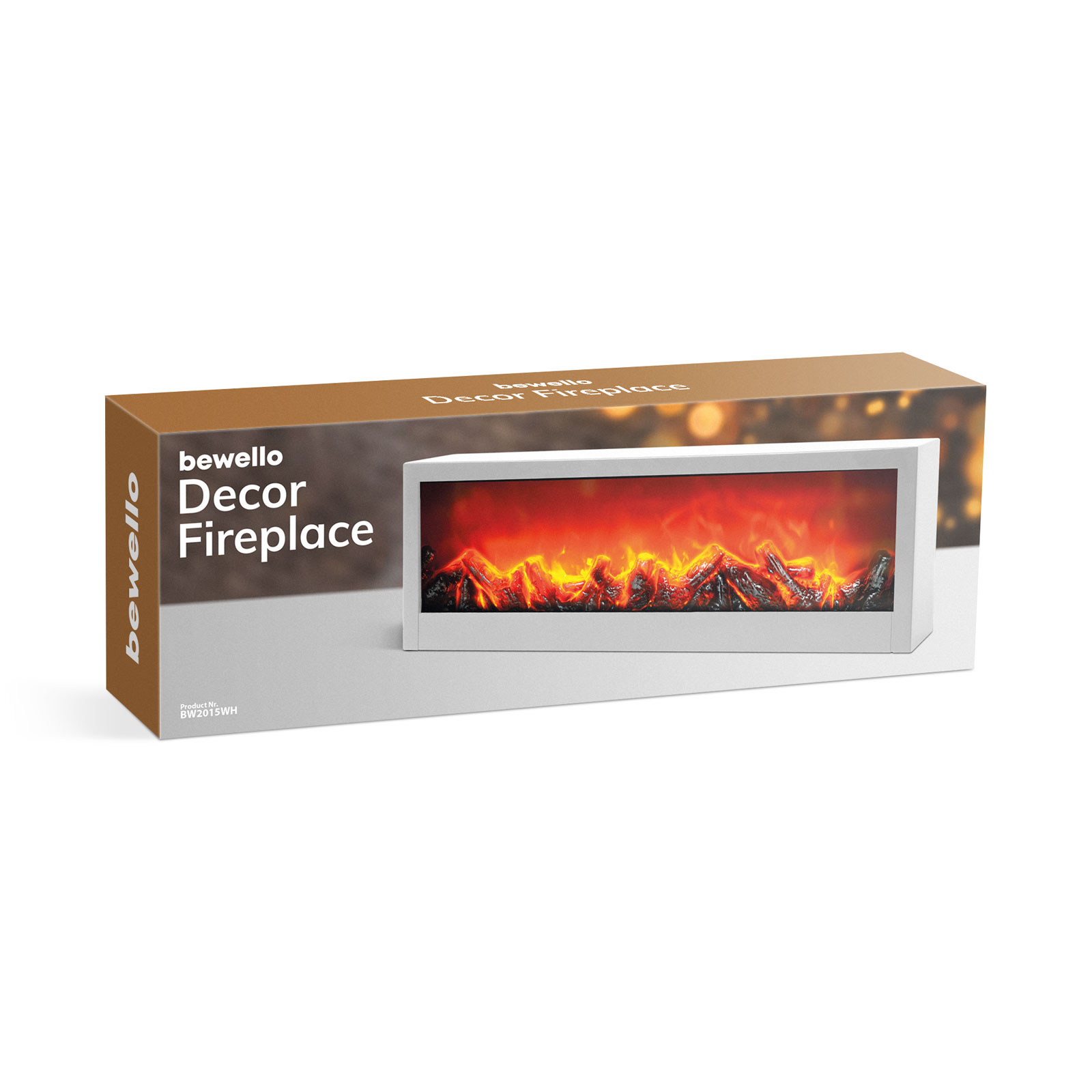 Dobozos 'bewello Decor Fireplace'. A dobozon égő lángokkal rendelkező kandalló képe látható.