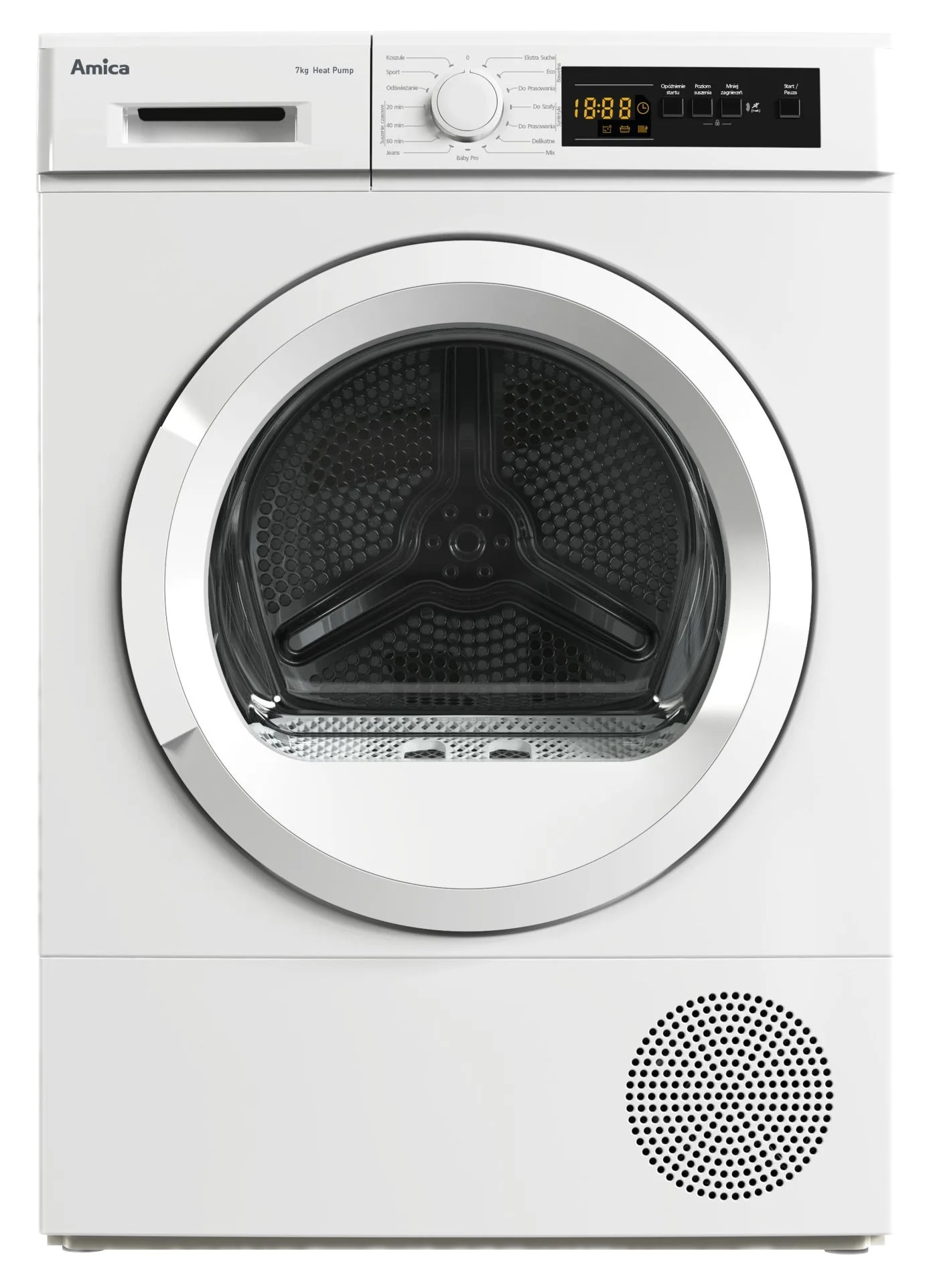 Biała suszarka Amica z czarnymi drzwiami i panelem sterowania. Ma pokrętło i wyświetlacz cyfrowy.