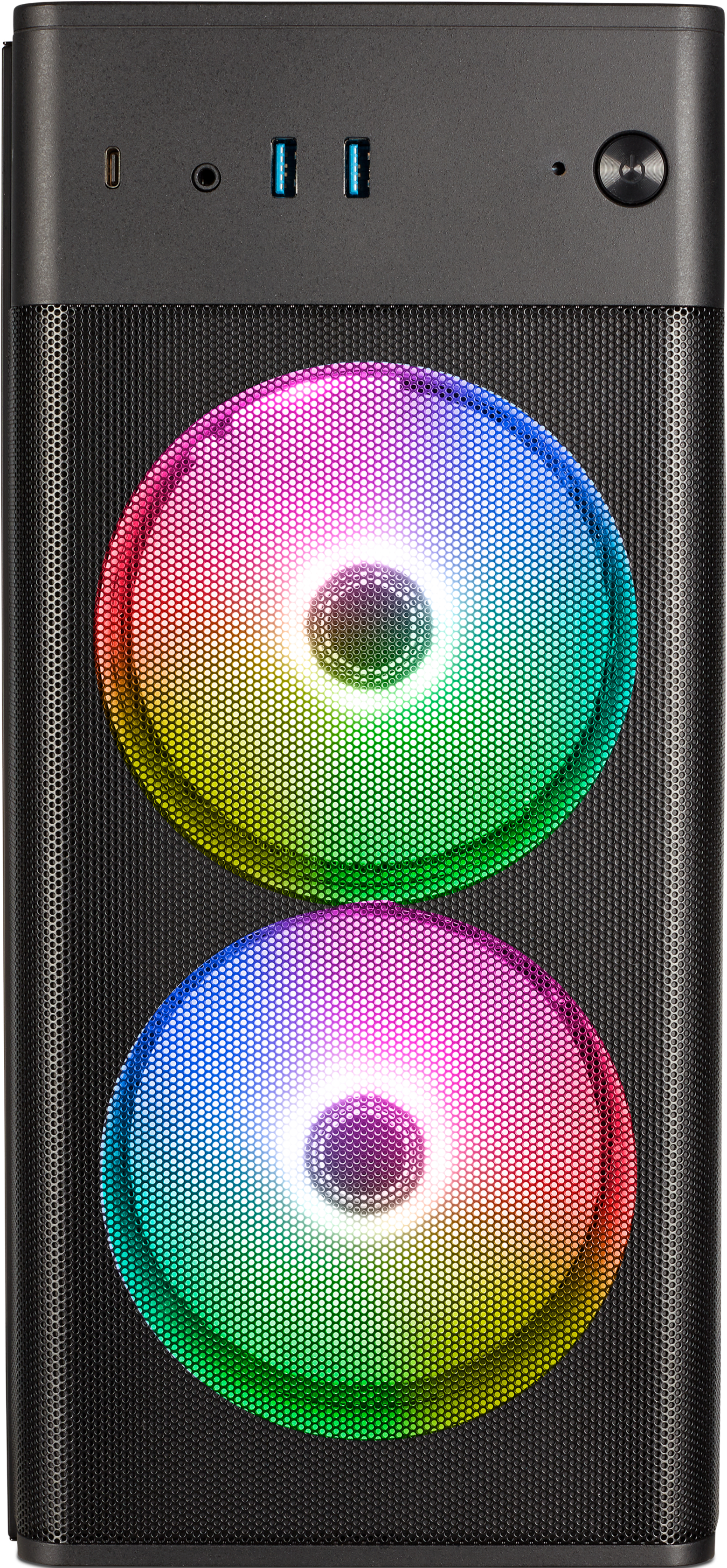 Case per computer nero con due ventole RGB e porte frontali. Le ventole si illuminano con colori arcobaleno.